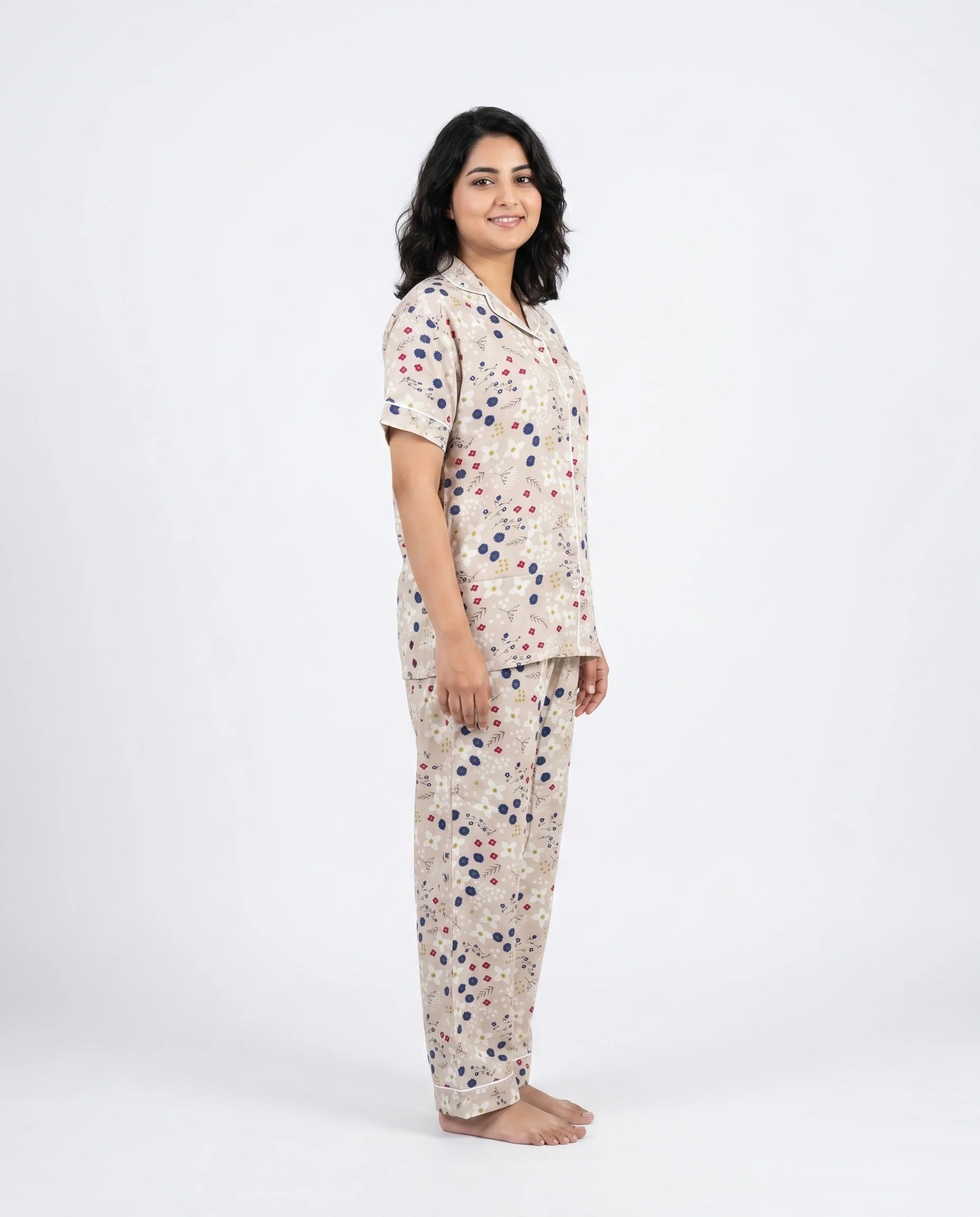 Linen PJ Set - Floral Beige