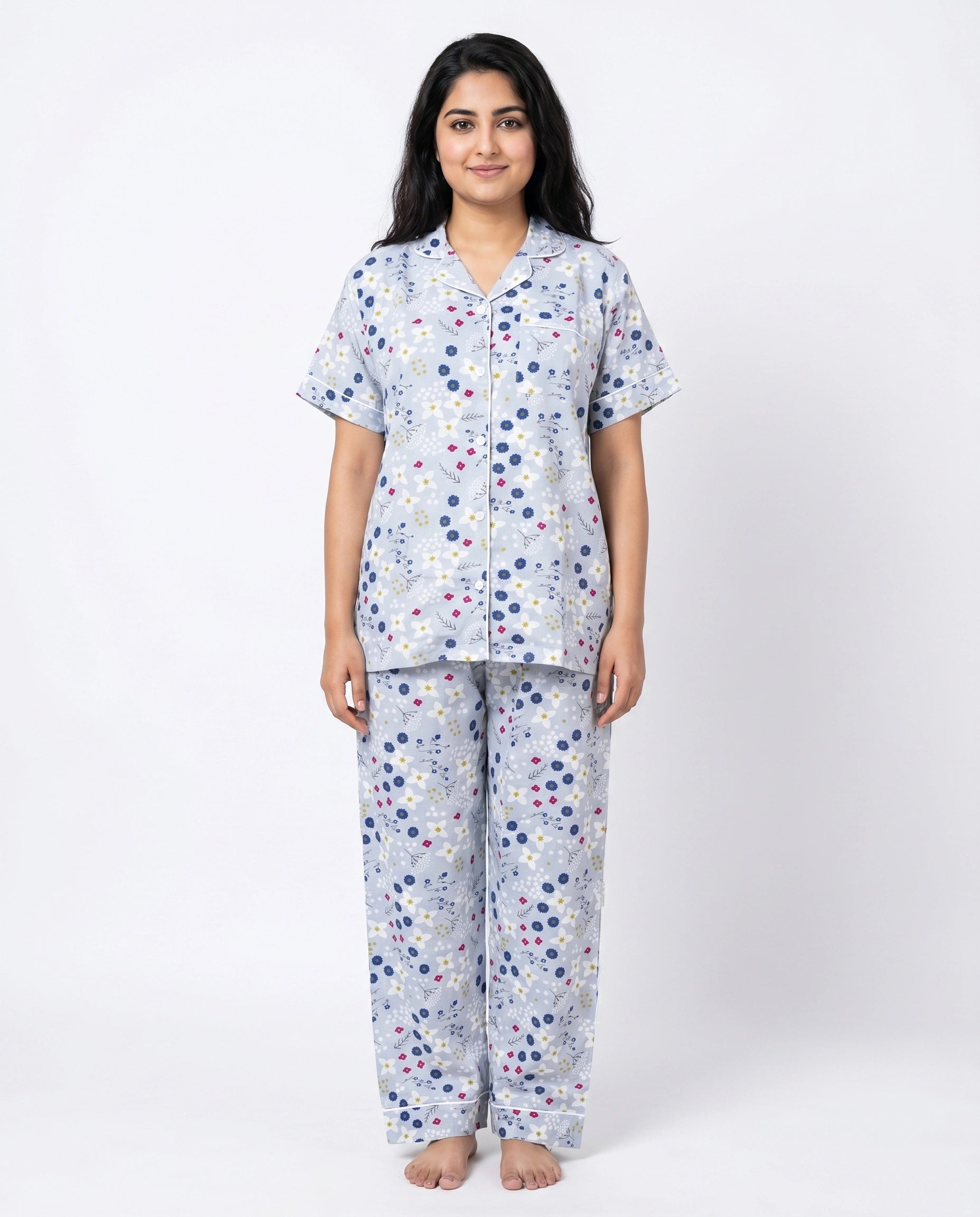 Linen PJ Set - Floral Grey