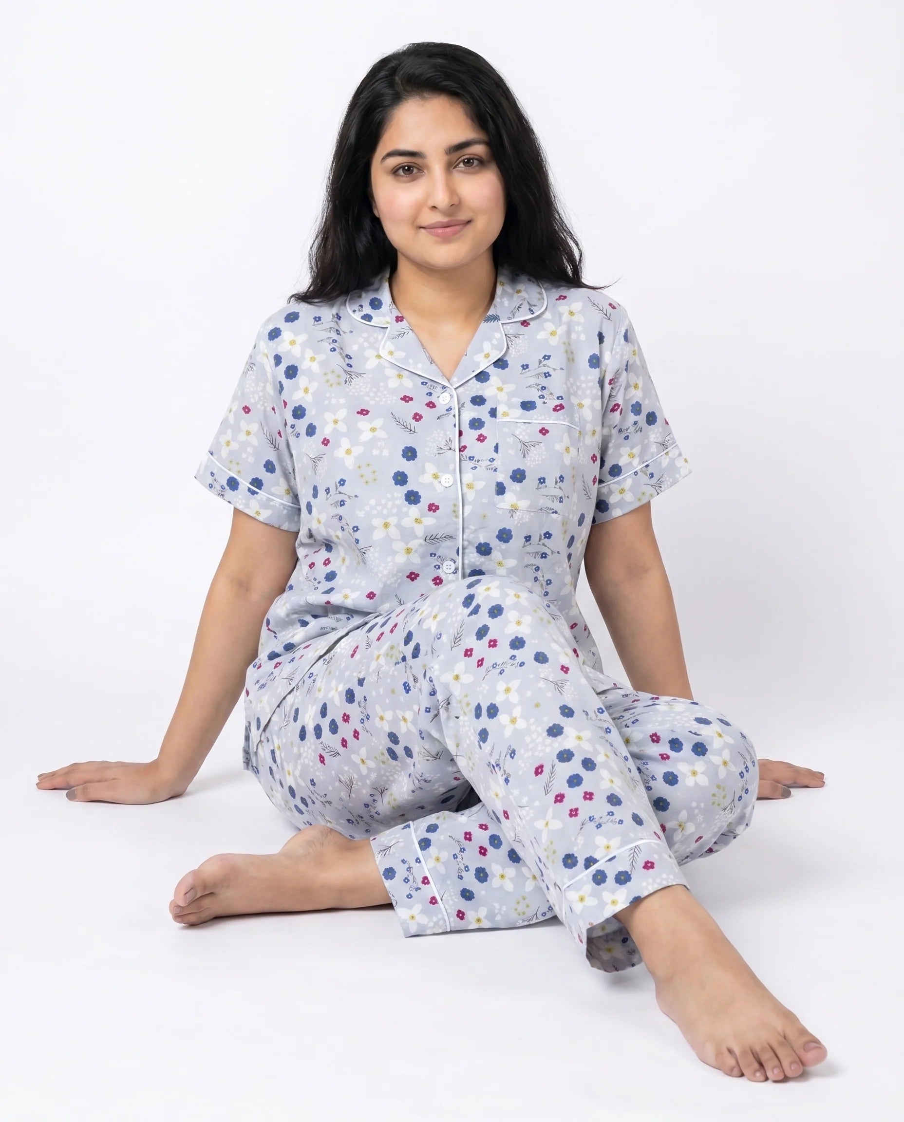Linen PJ Set - Floral Grey