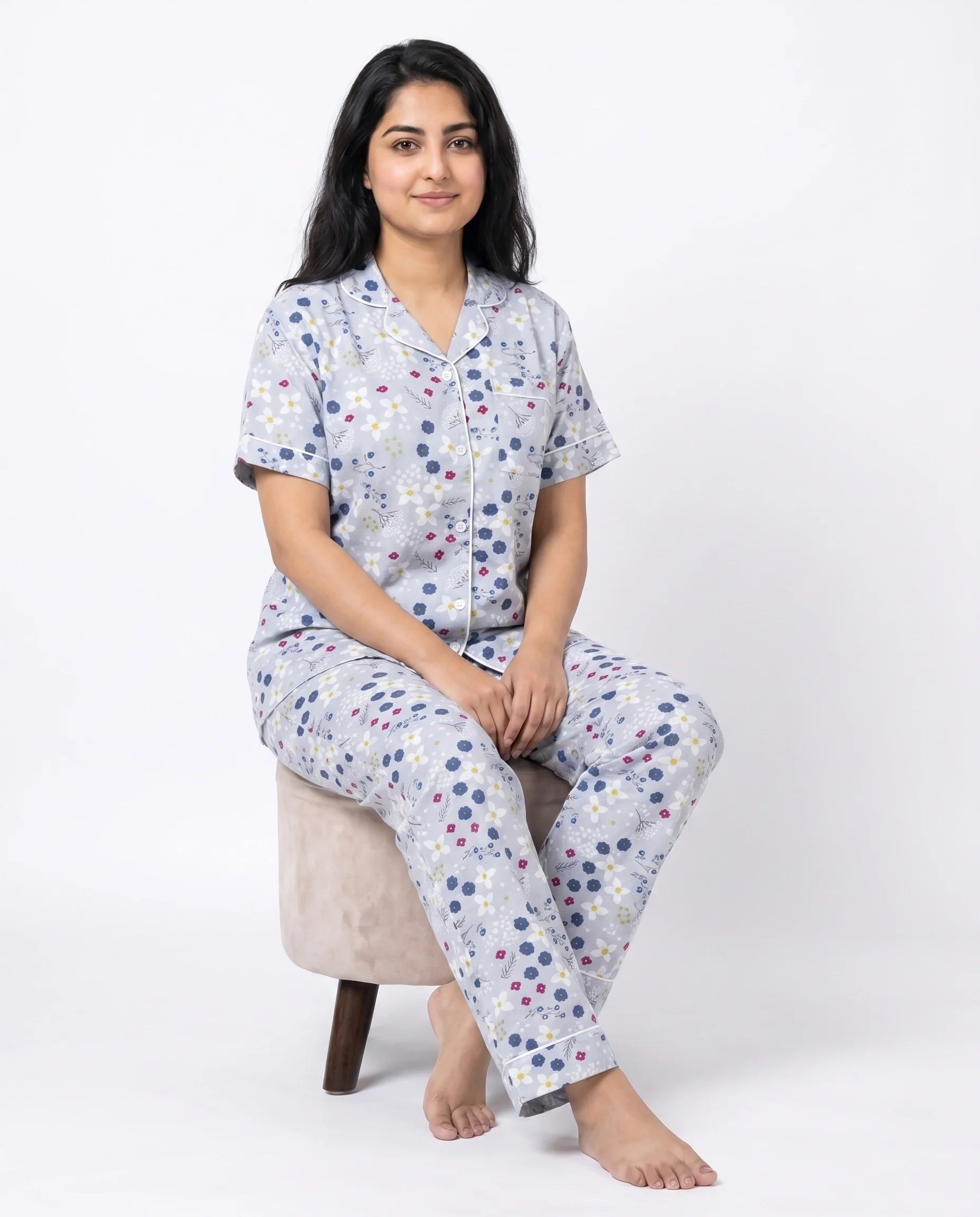 Linen PJ Set - Floral Grey