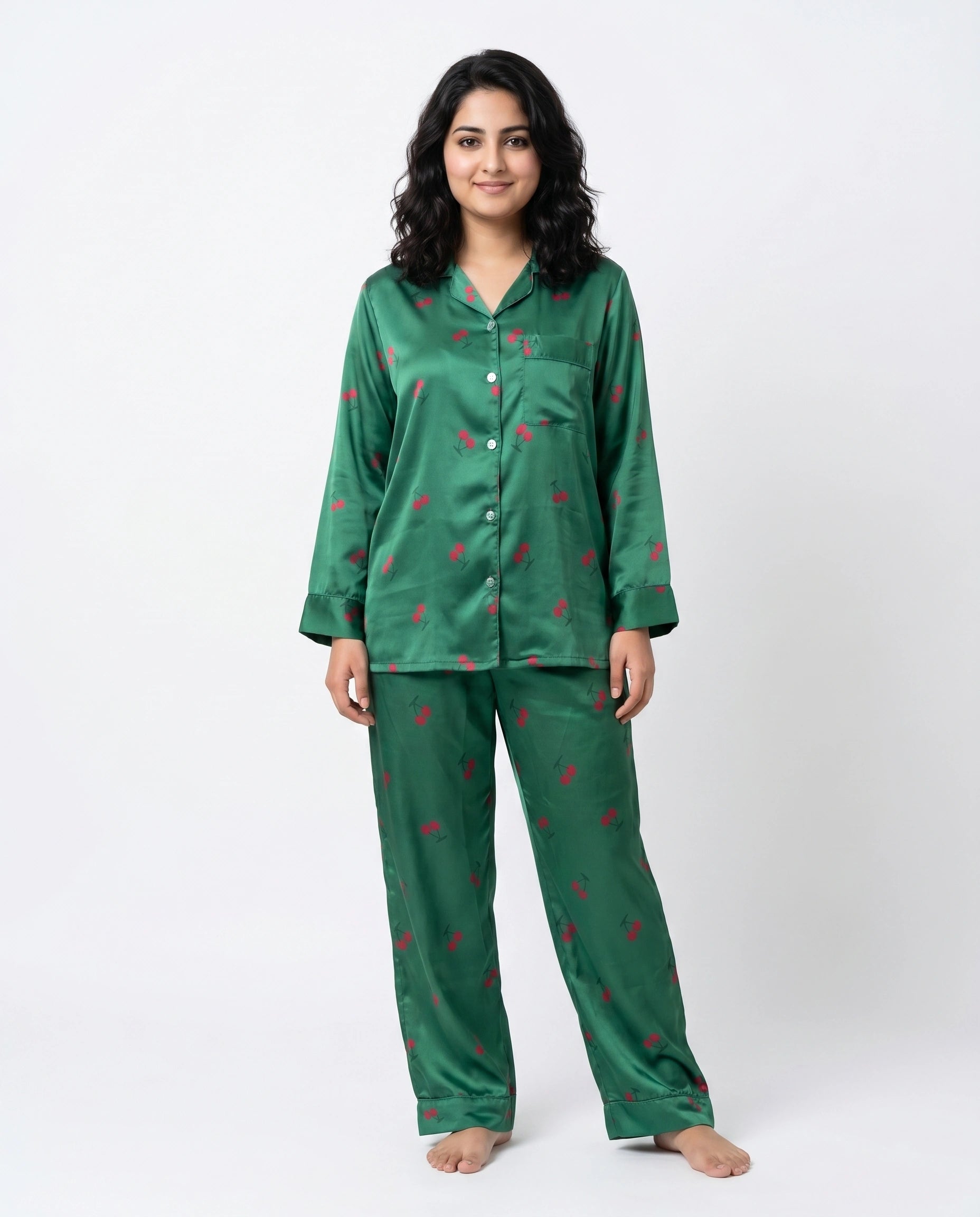 Silk PJ Set- Cherry Green