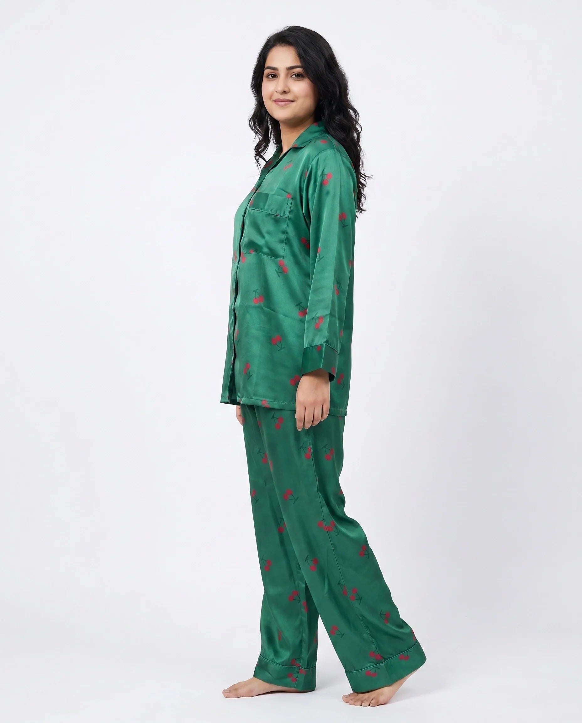 Silk PJ Set- Cherry Green