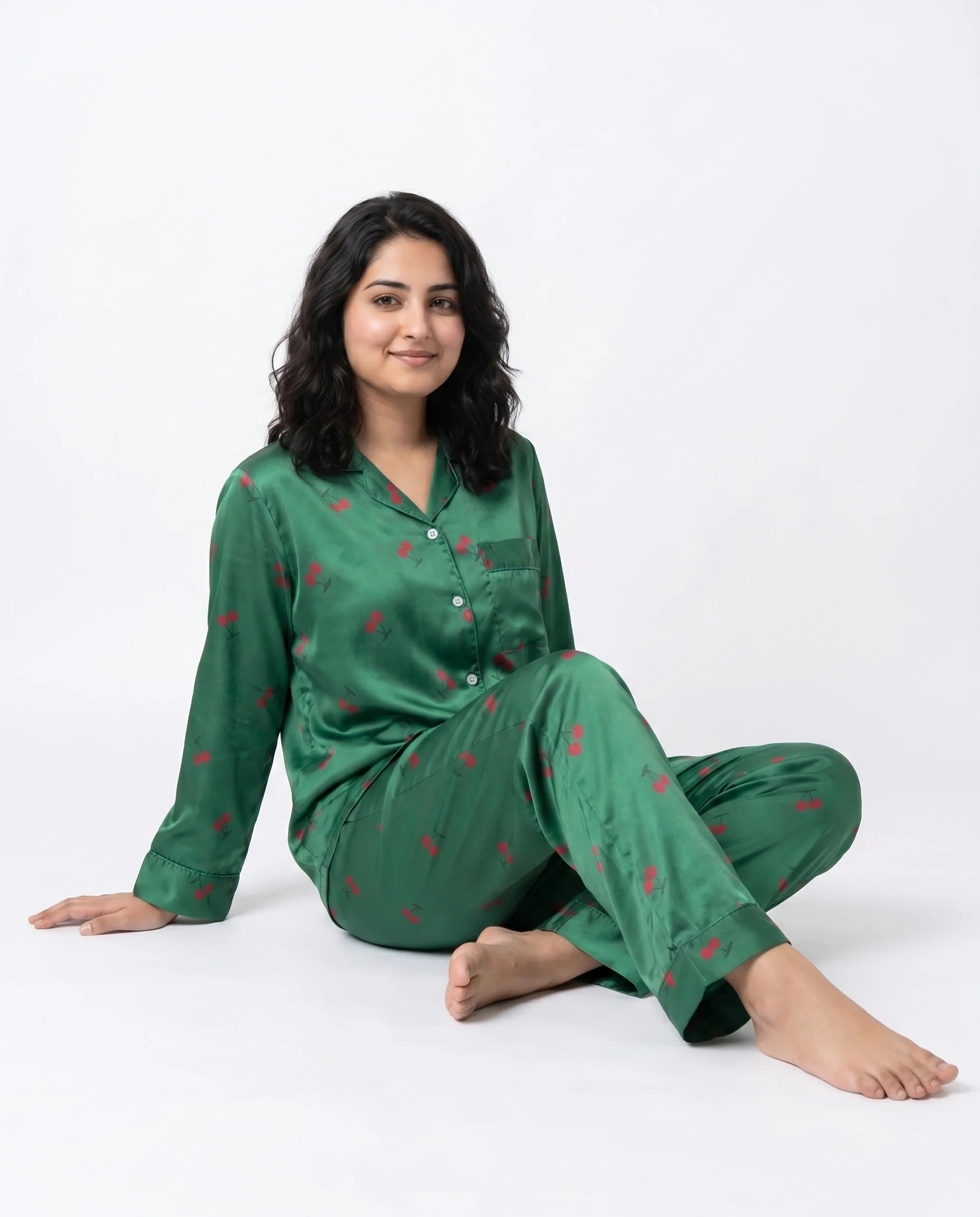 Silk PJ Set- Cherry Green