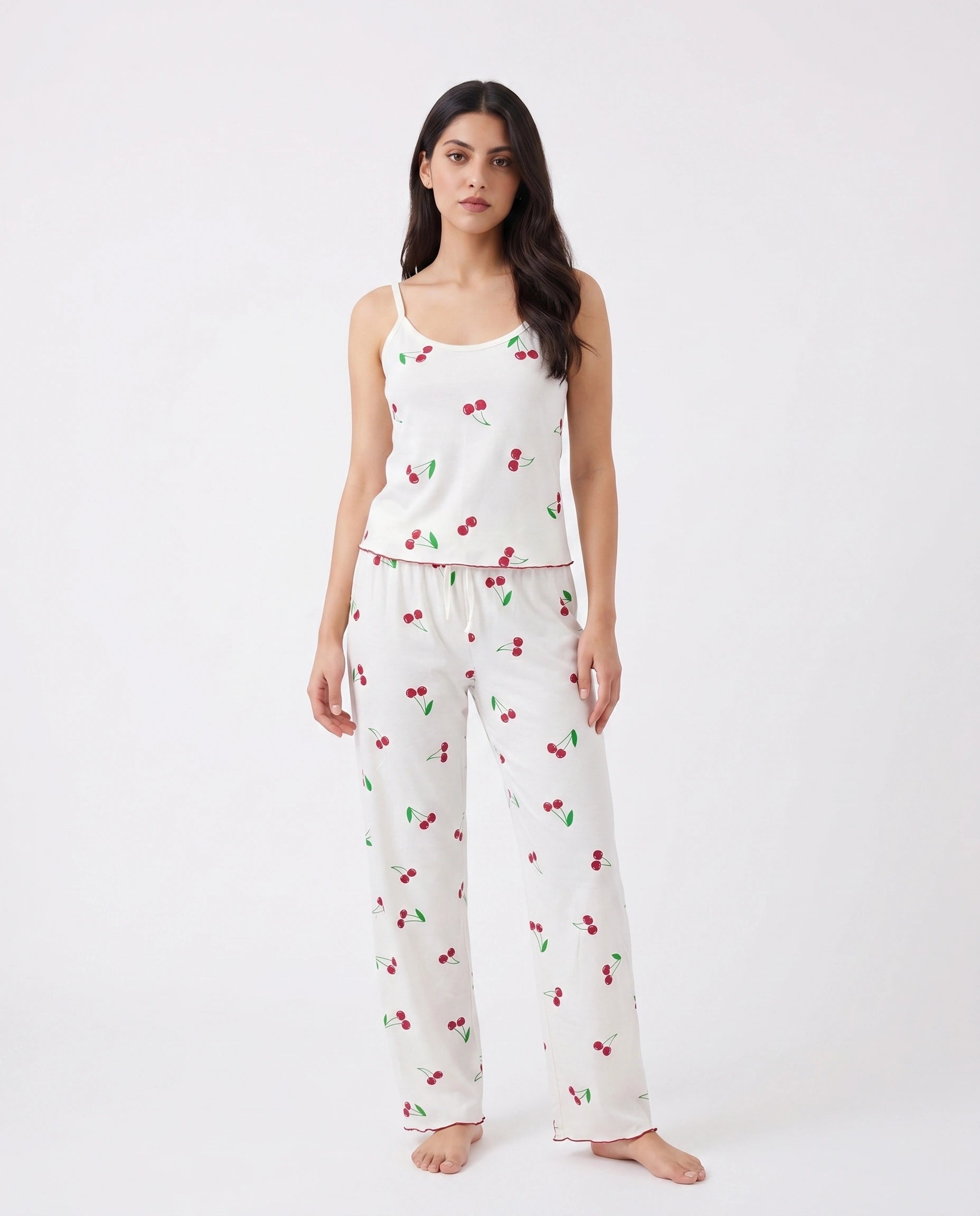 Cotton Sleeveless PJ Set - Cherry Bliss - White