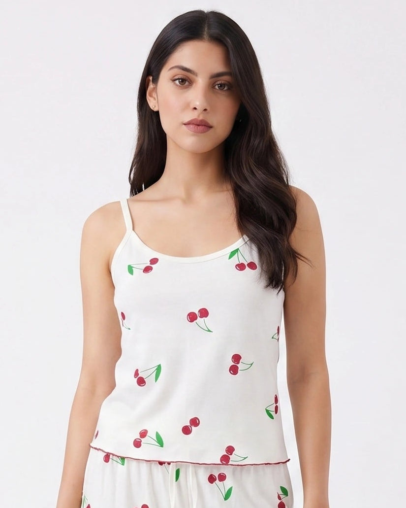 Cotton Sleeveless PJ Set - Cherry Bliss - White