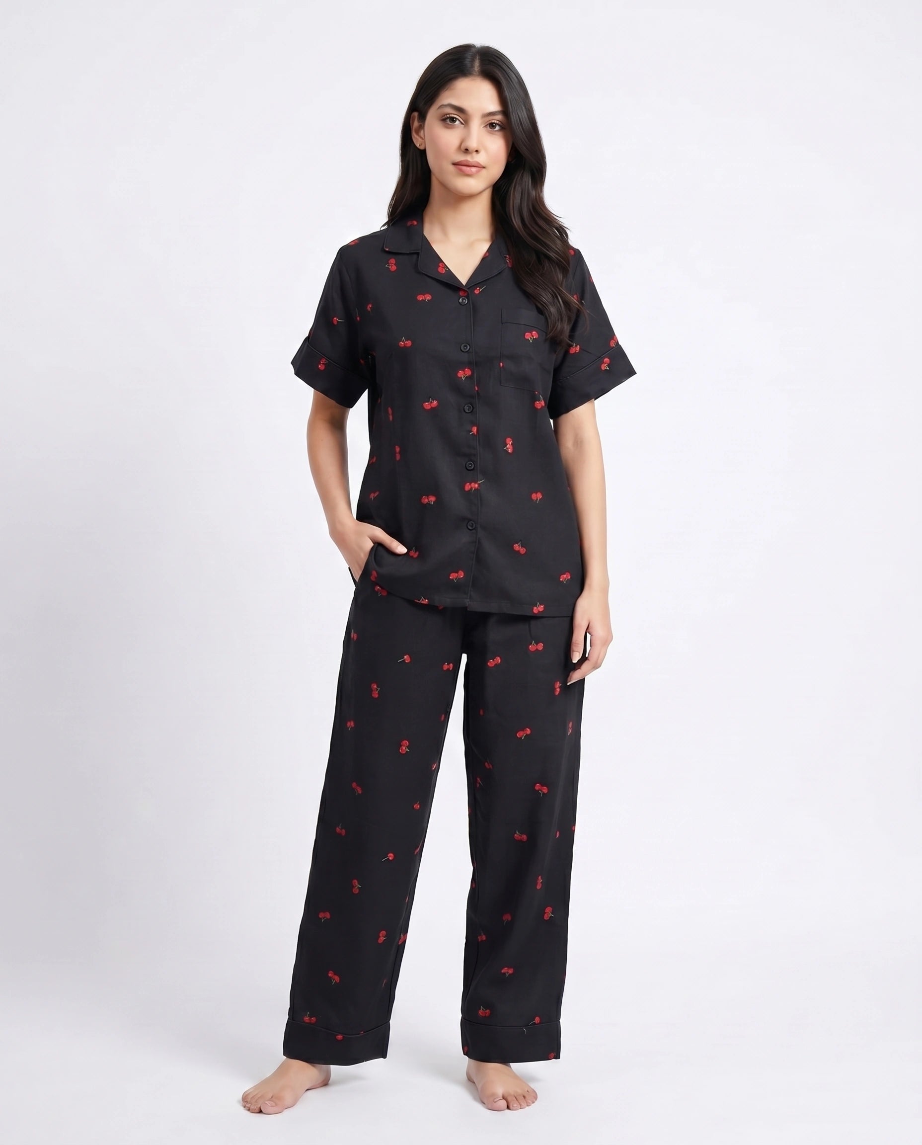 Linen Pajama Suit - Flower Bloom - Black