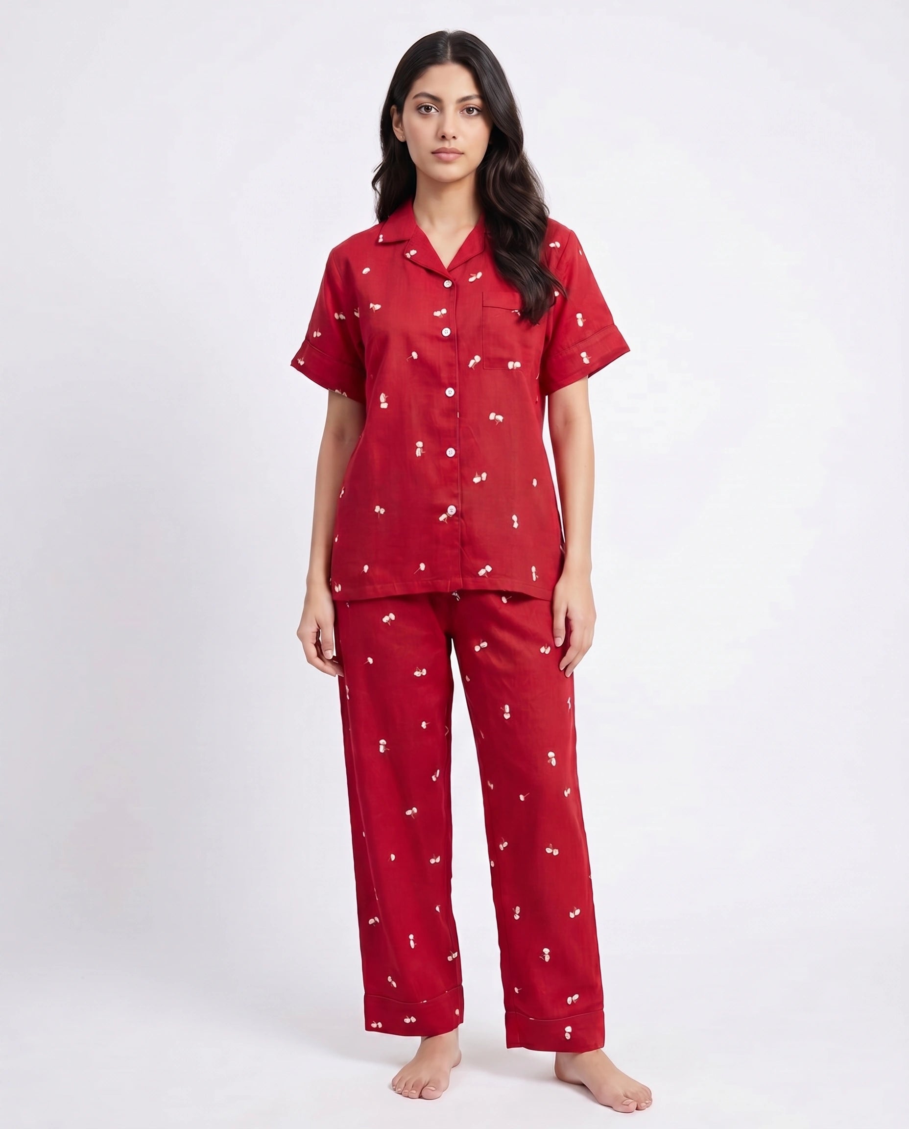 Linen Pajama Suit - Flower Bloom - Red