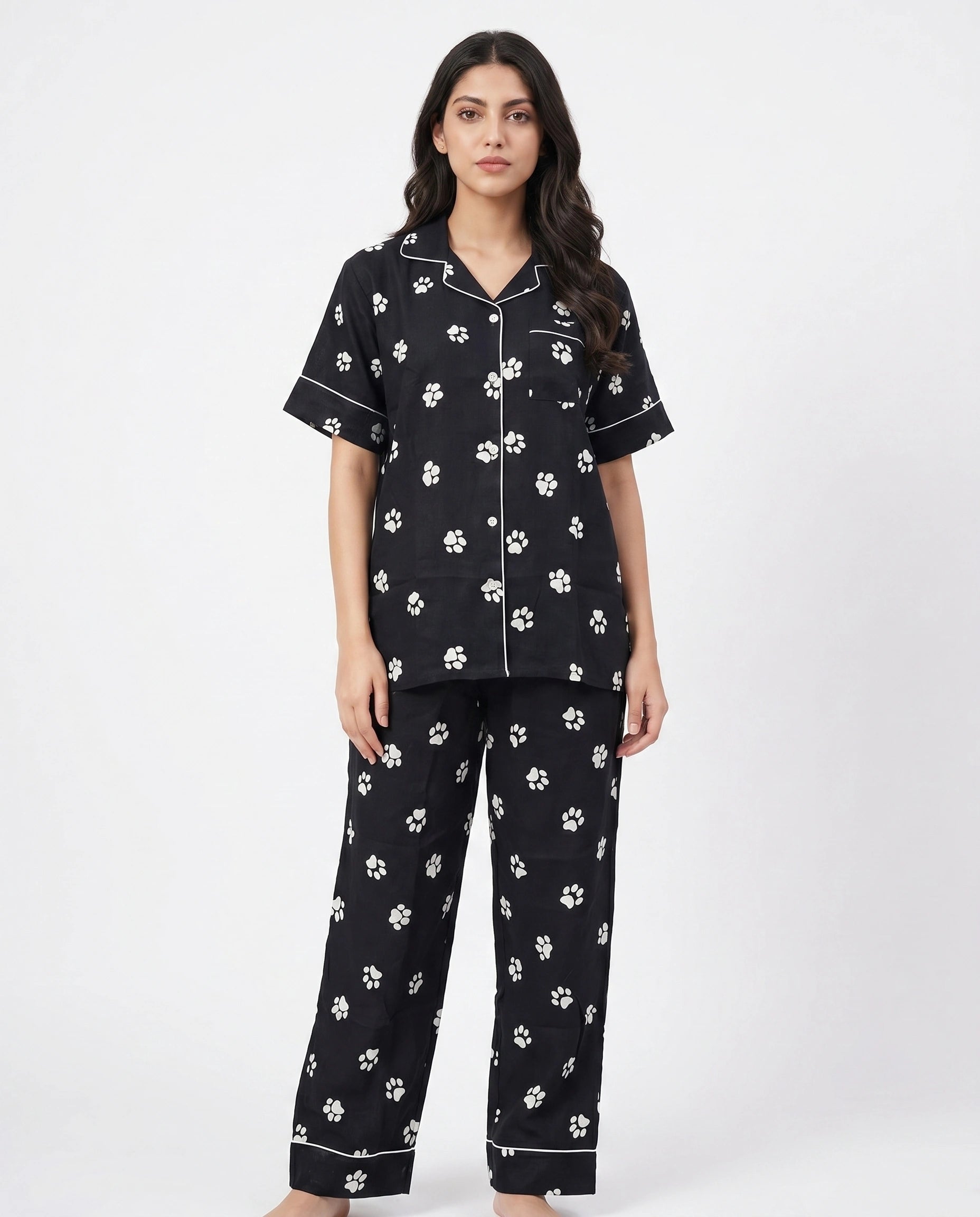 Linen Pajama Suit - Pawsette - Black