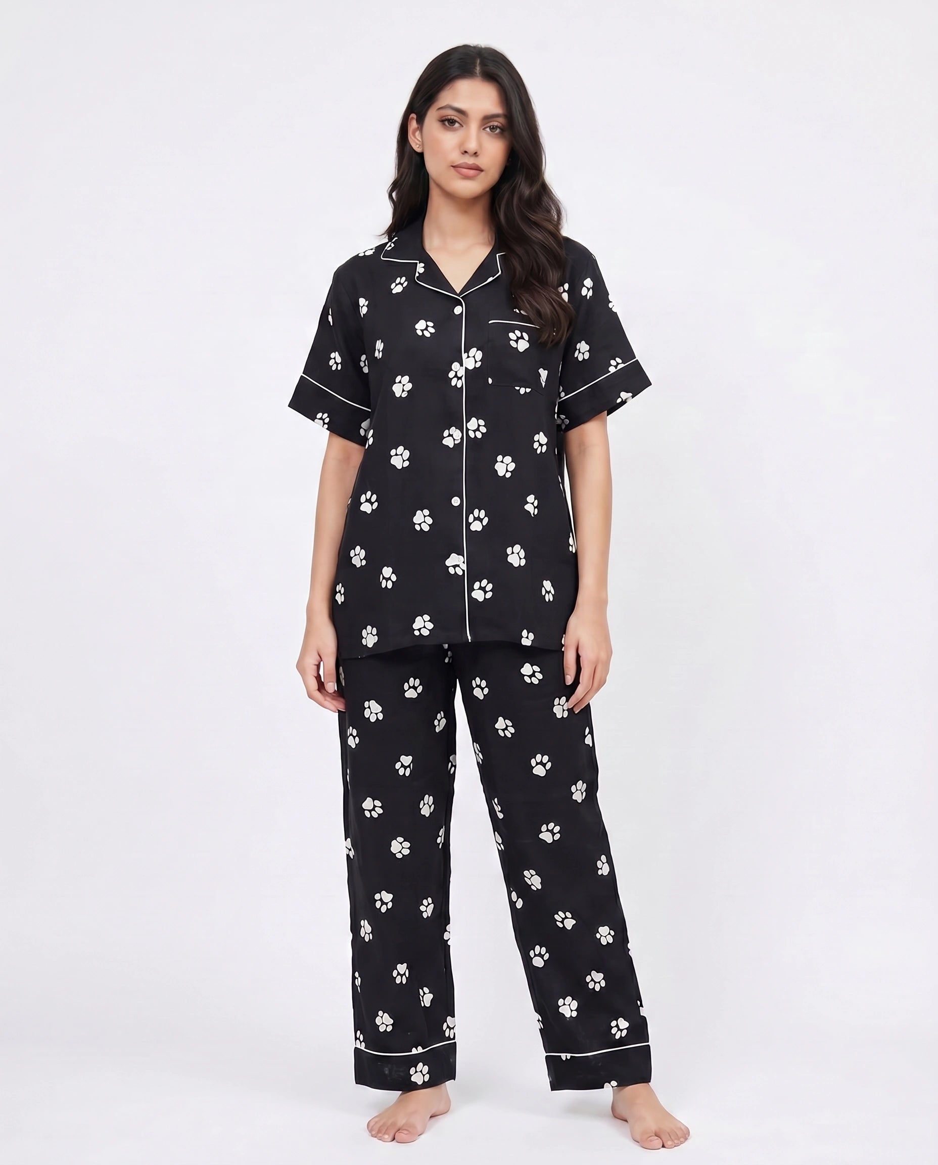 Linen Pajama Suit - Pawsette - Black