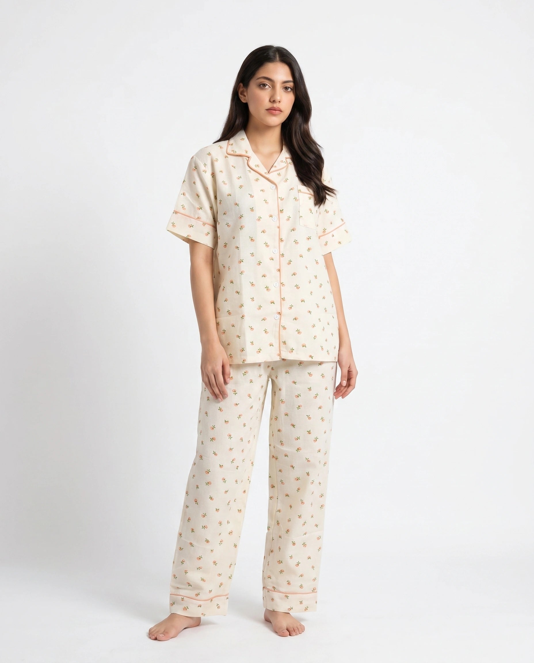 Summer Crinkled Pajama Suit - Flora - Cream