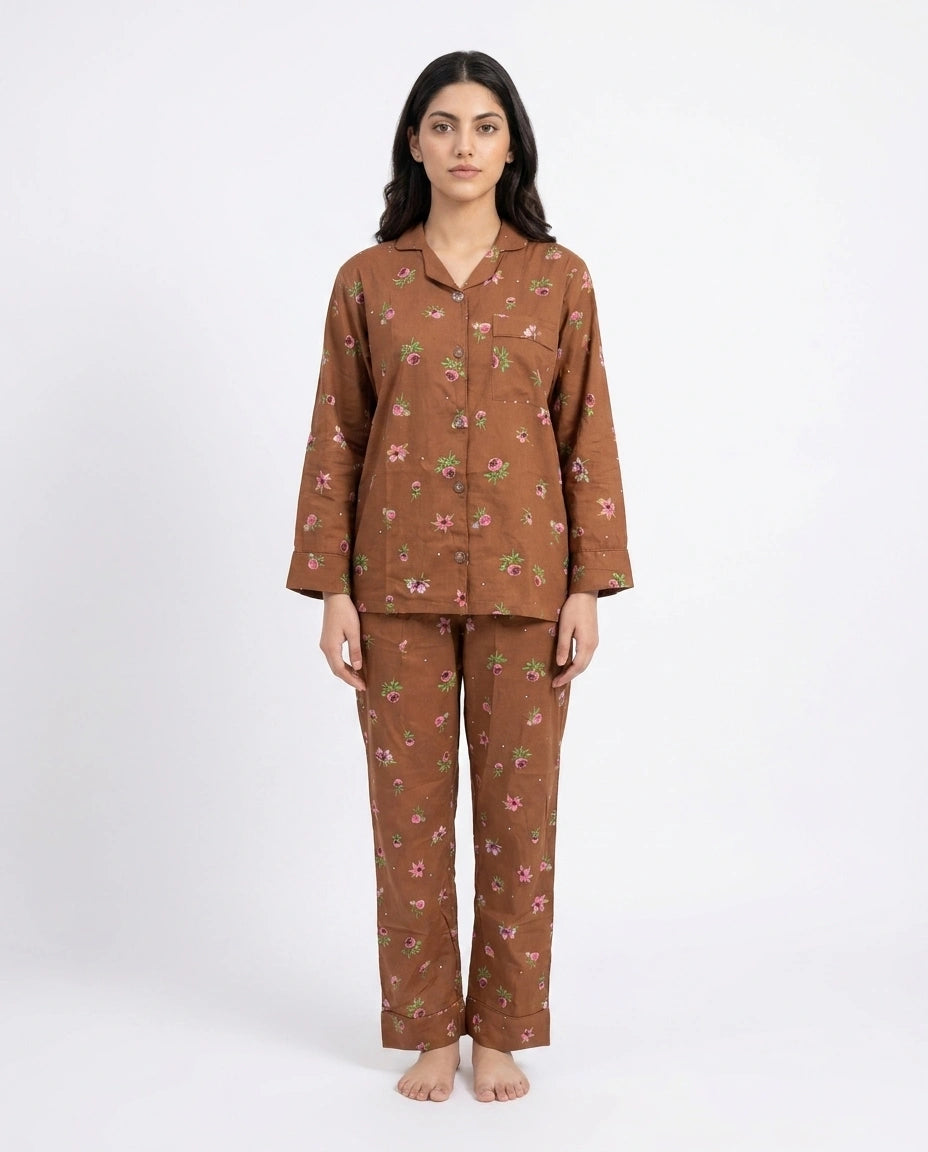 Linen Pajama Suit - Mocha Flora