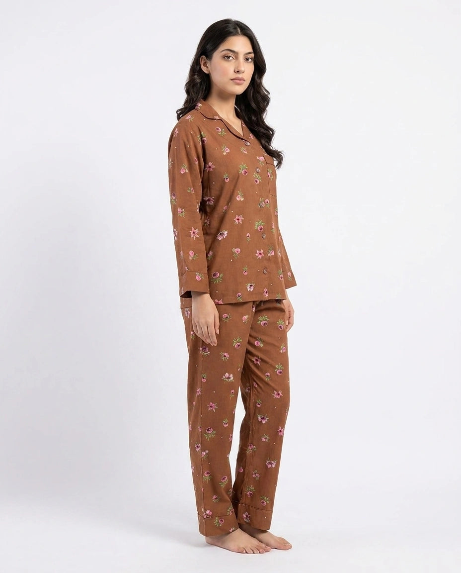 Linen Pajama Suit - Mocha Flora