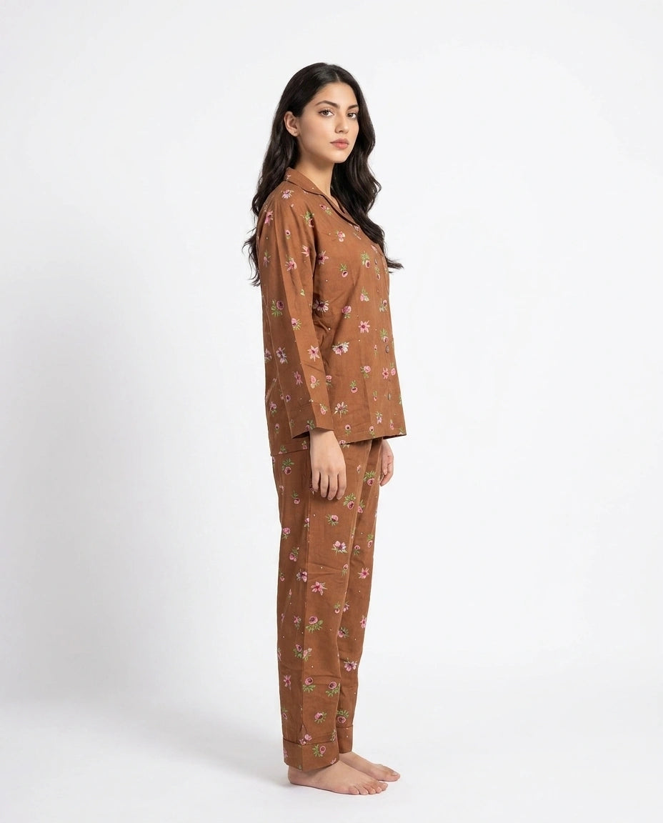 Linen Pajama Suit - Mocha Flora