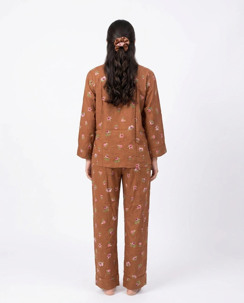 Linen Pajama Suit - Mocha Flora