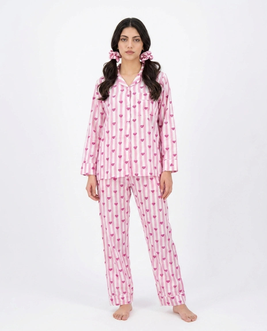 Linen Pajama Suit - Heart Stripe