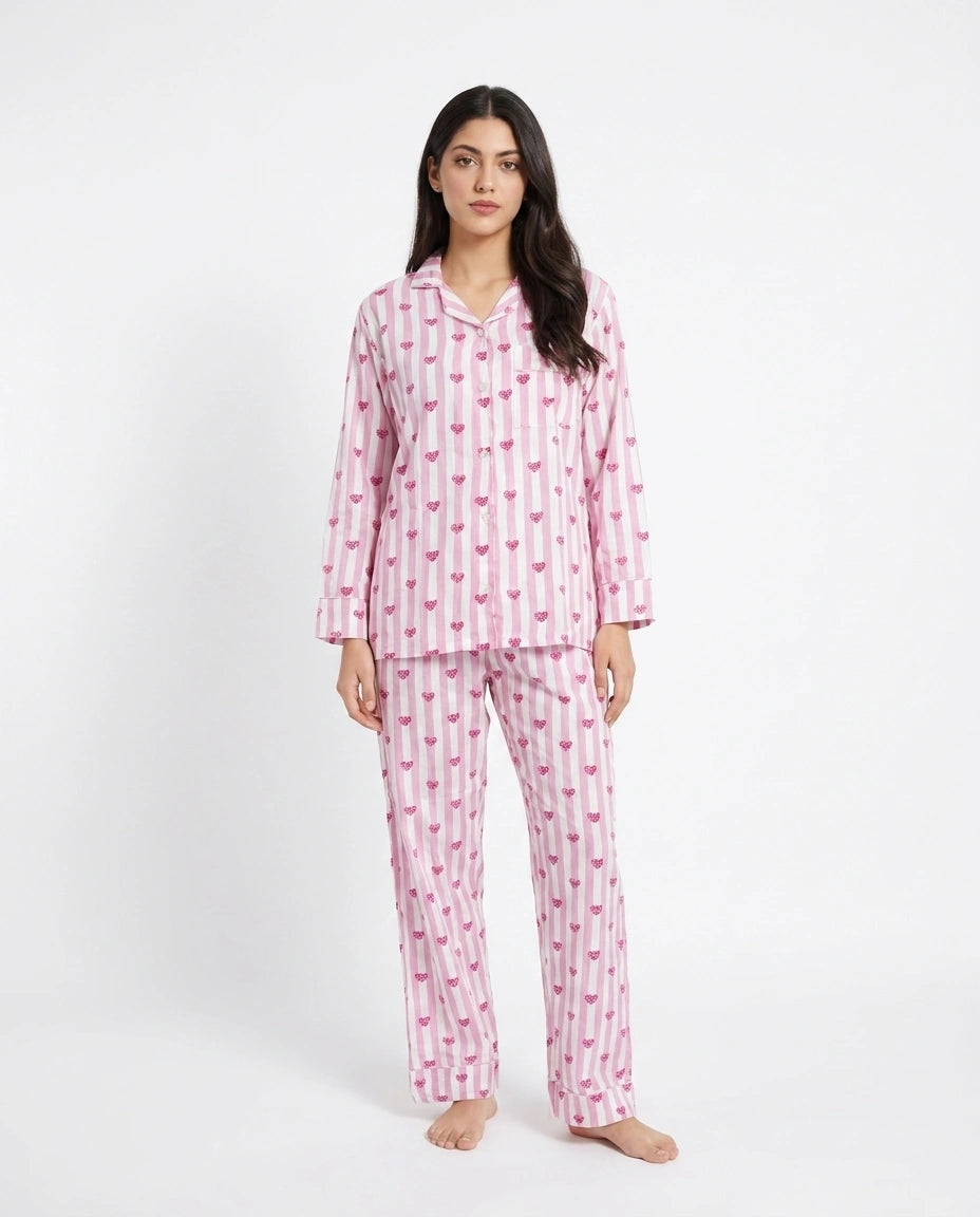 Linen Pajama Suit - Heart Stripe