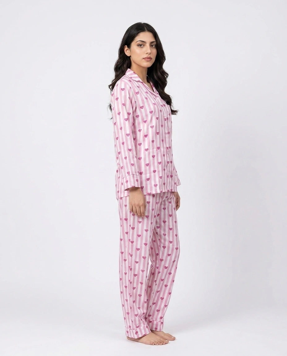 Linen Pajama Suit - Heart Stripe