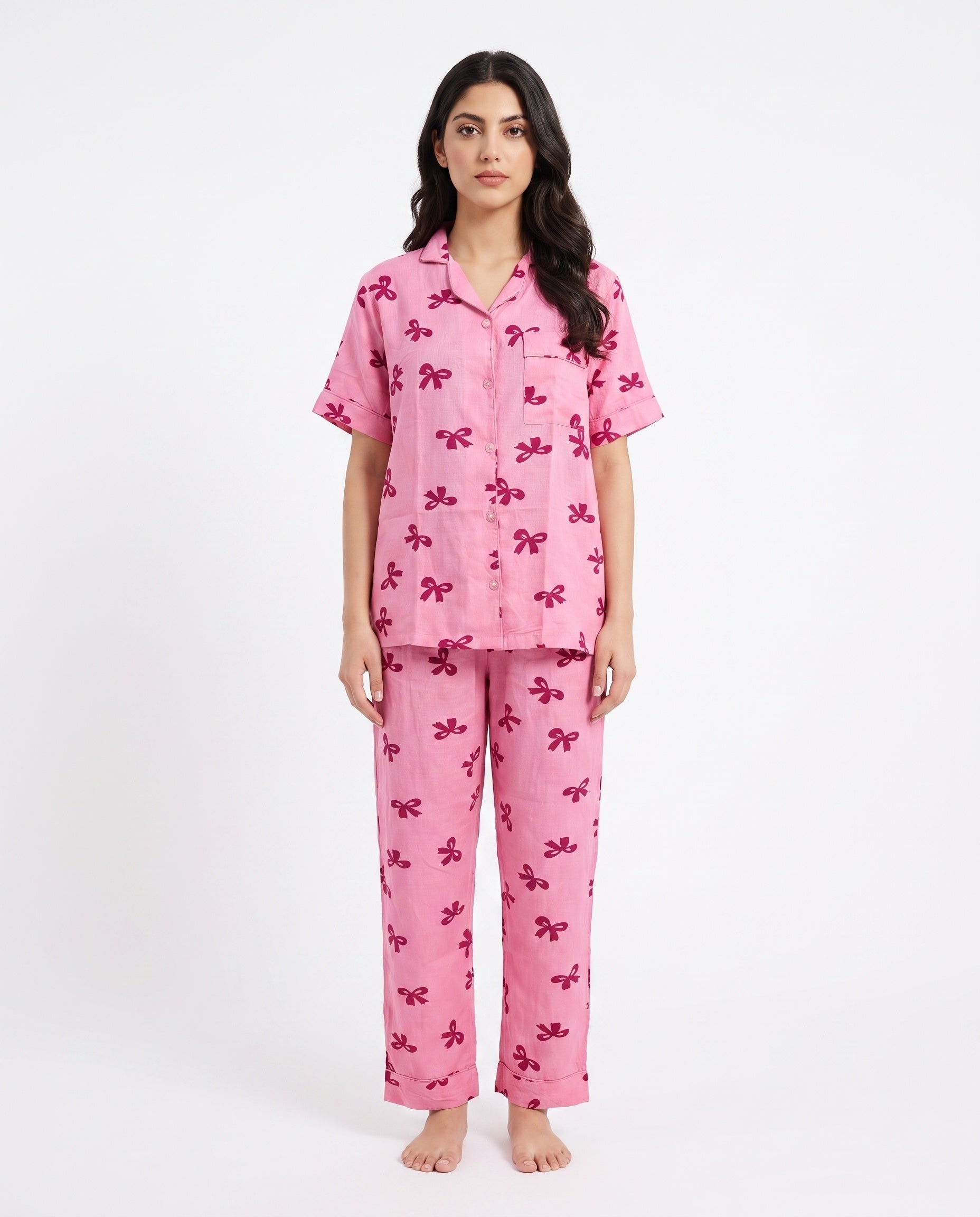Linen Pajama Suit - Bow Blush