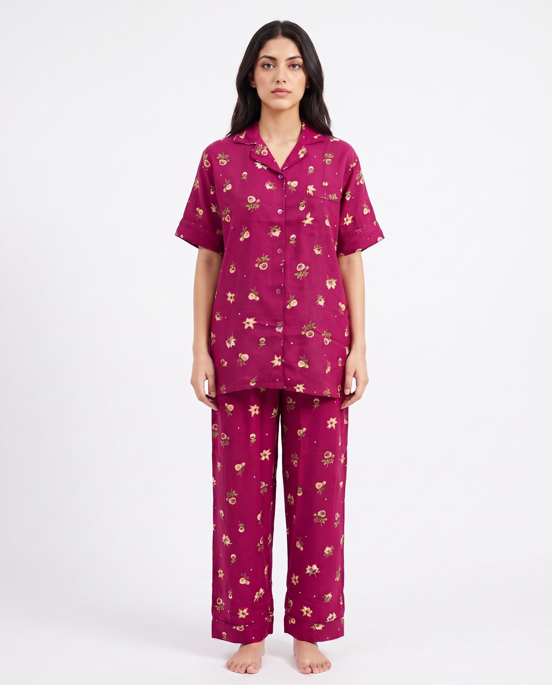 Linen Pajama Suit - Crimson Flora