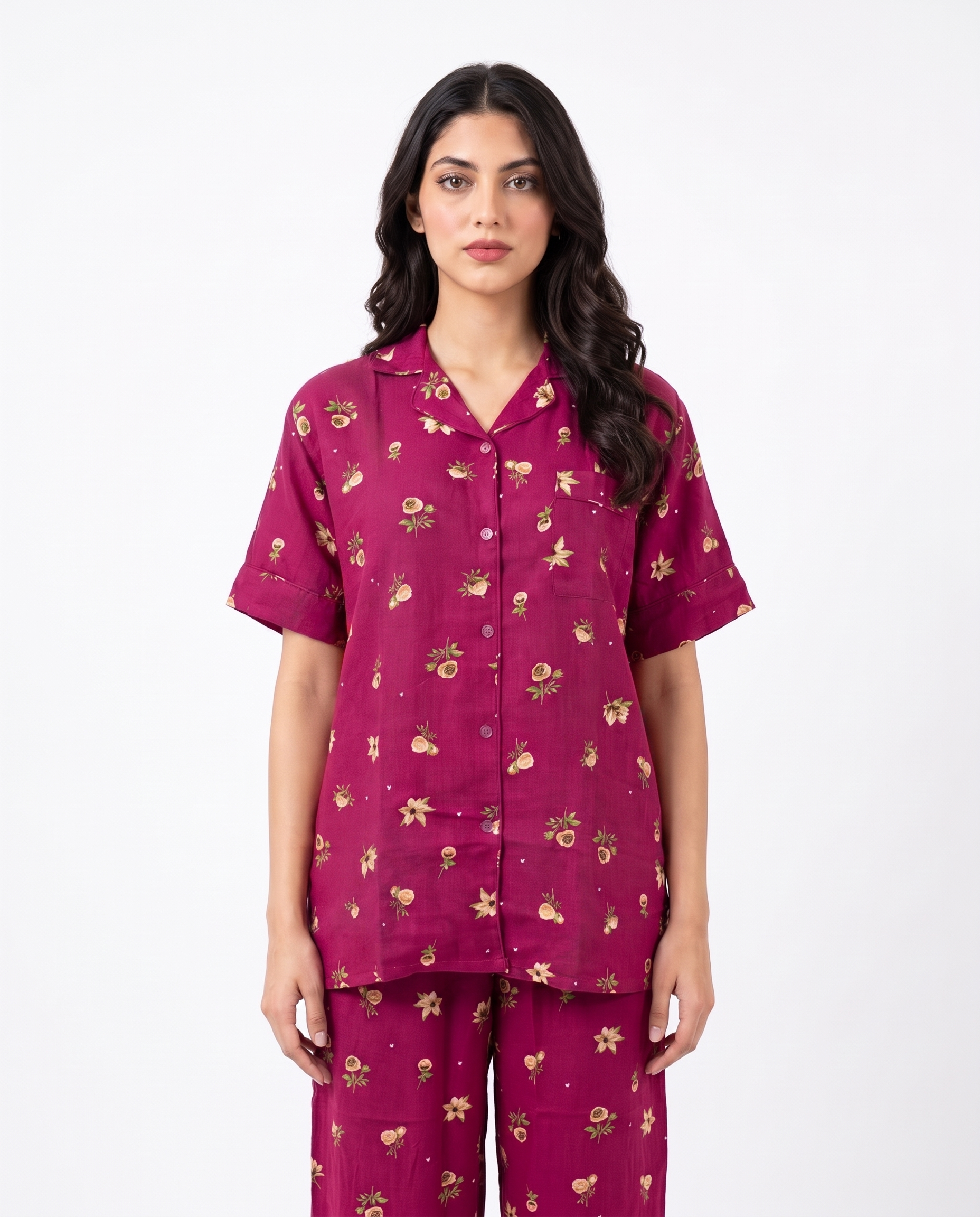 Linen Pajama Suit - Crimson Flora