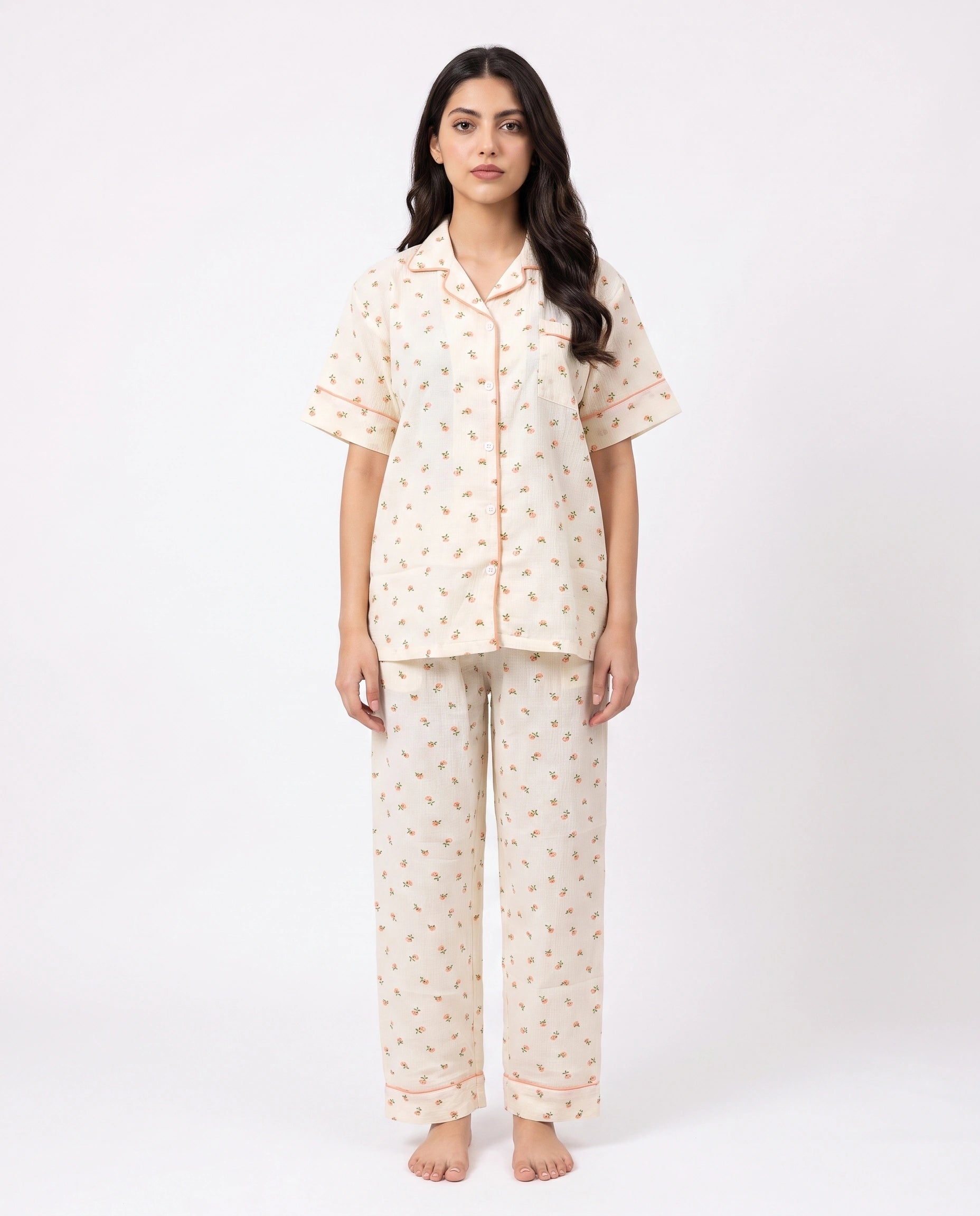 Summer Crinkled Pajama Suit - Flora - Cream