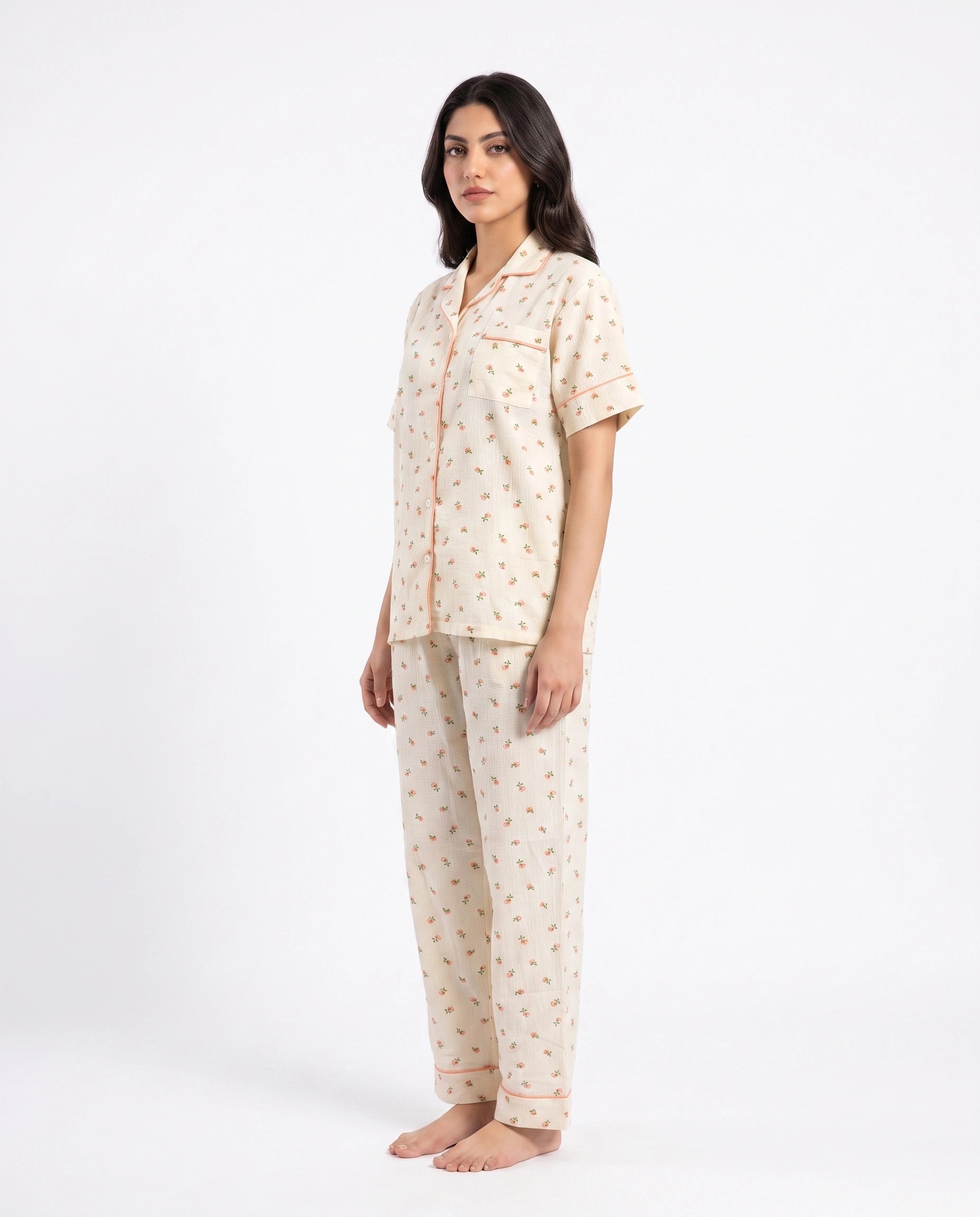Summer Crinkled Pajama Suit - Flora - Cream