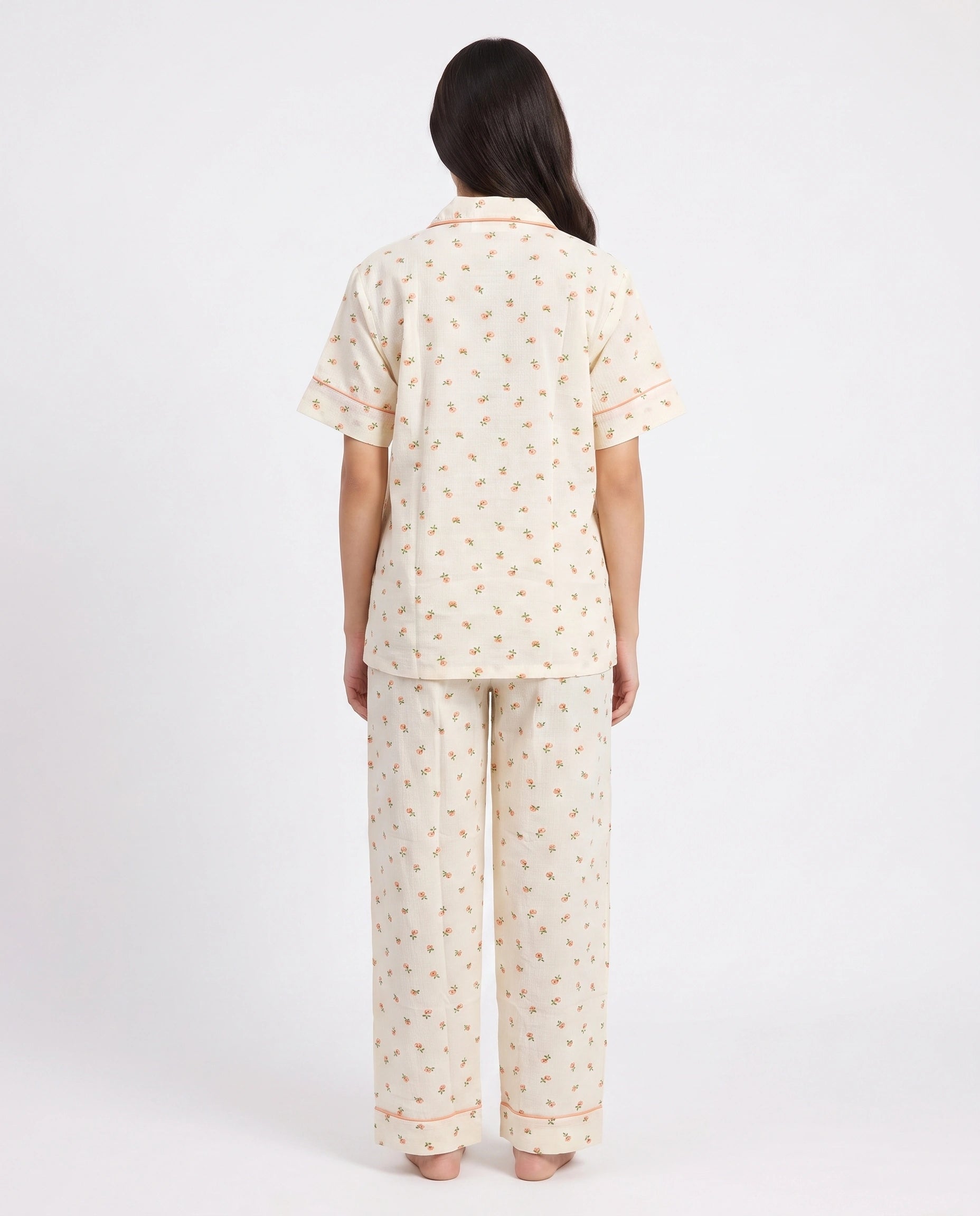 Summer Crinkled Pajama Suit - Flora - Cream