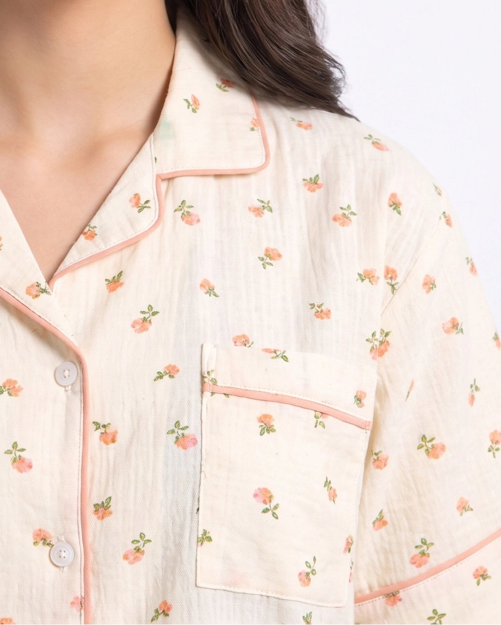 Summer Crinkled Pajama Suit - Flora - Cream