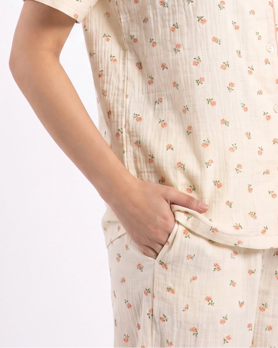 Summer Crinkled Pajama Suit - Flora - Cream