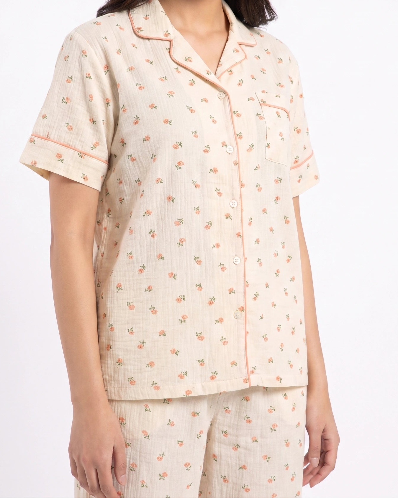 Summer Crinkled Pajama Suit - Flora - Cream
