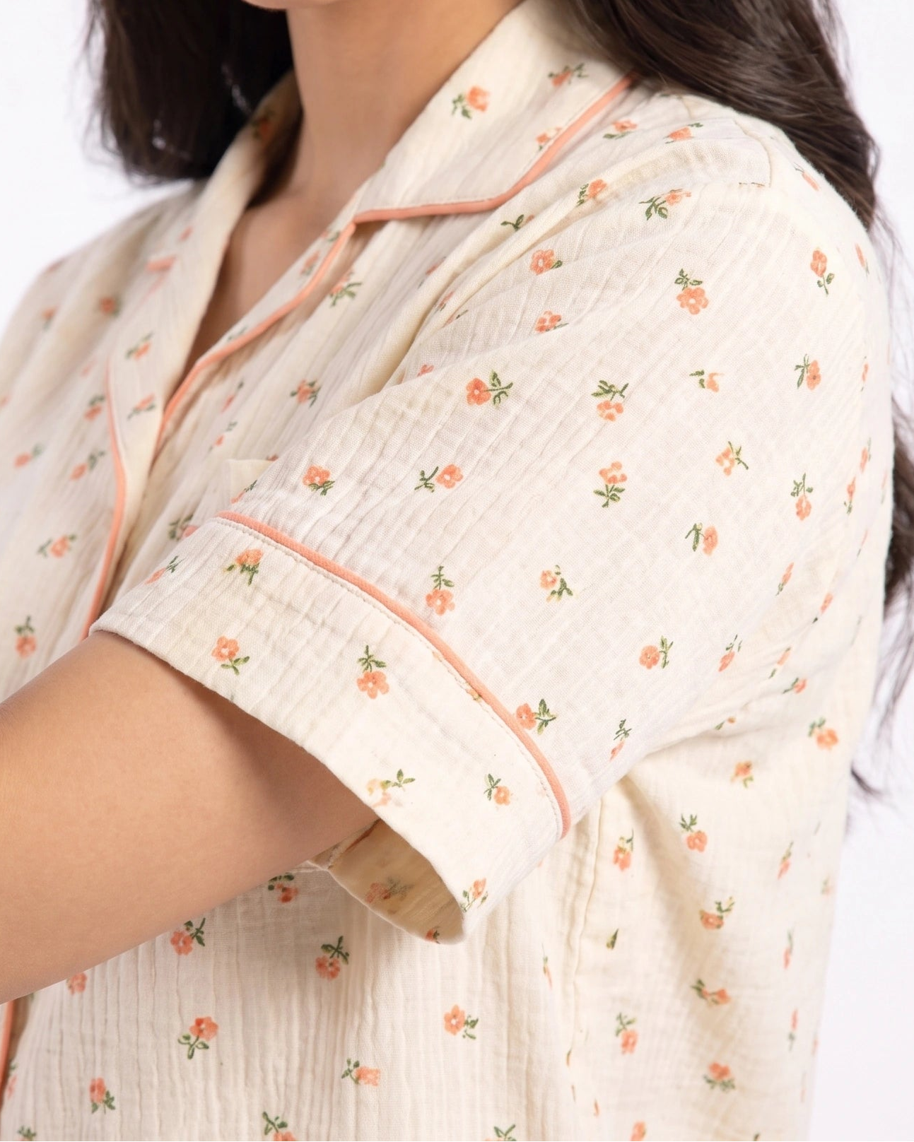 Summer Crinkled Pajama Suit - Flora - Cream
