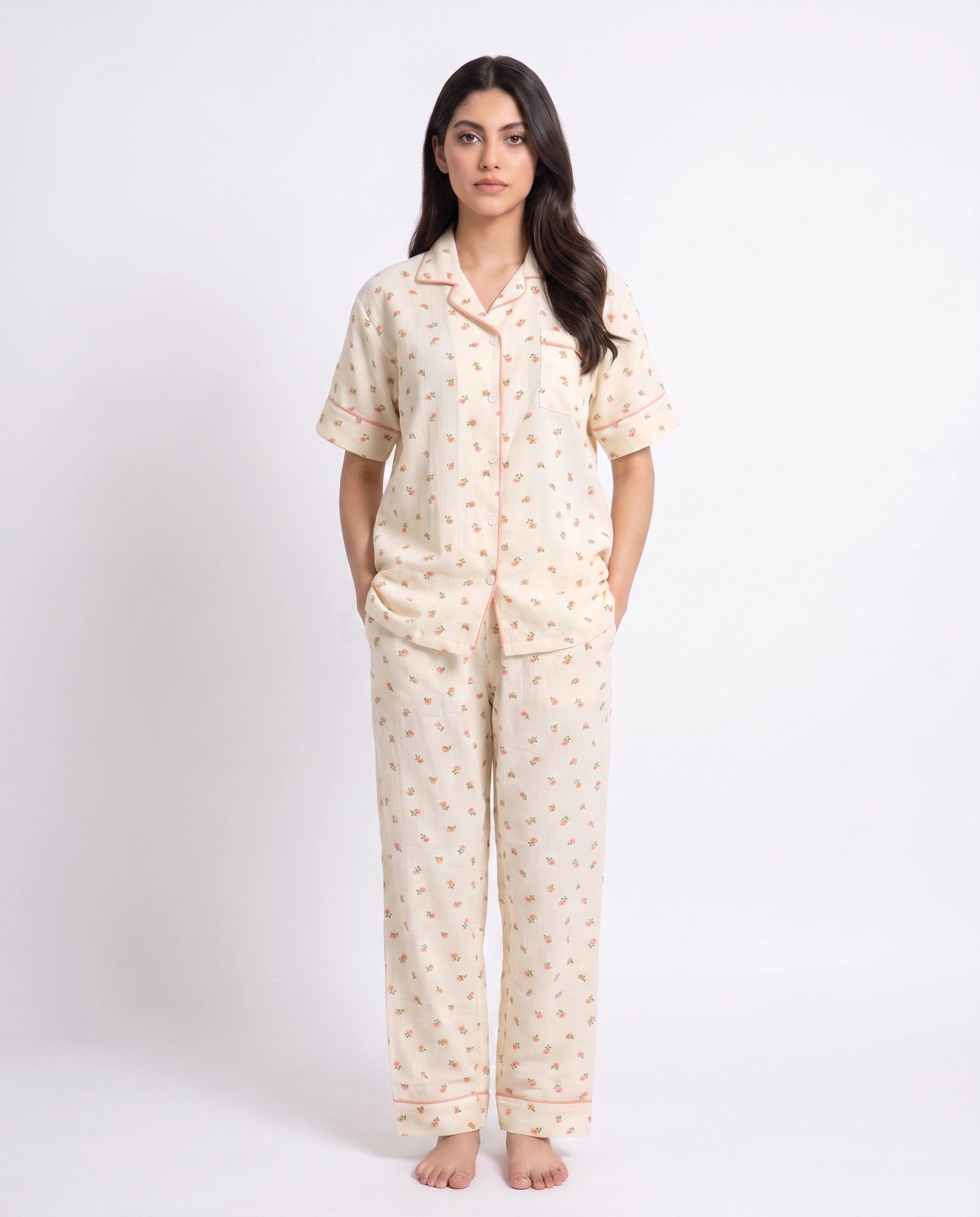 Summer Crinkled Pajama Suit - Flora - Cream