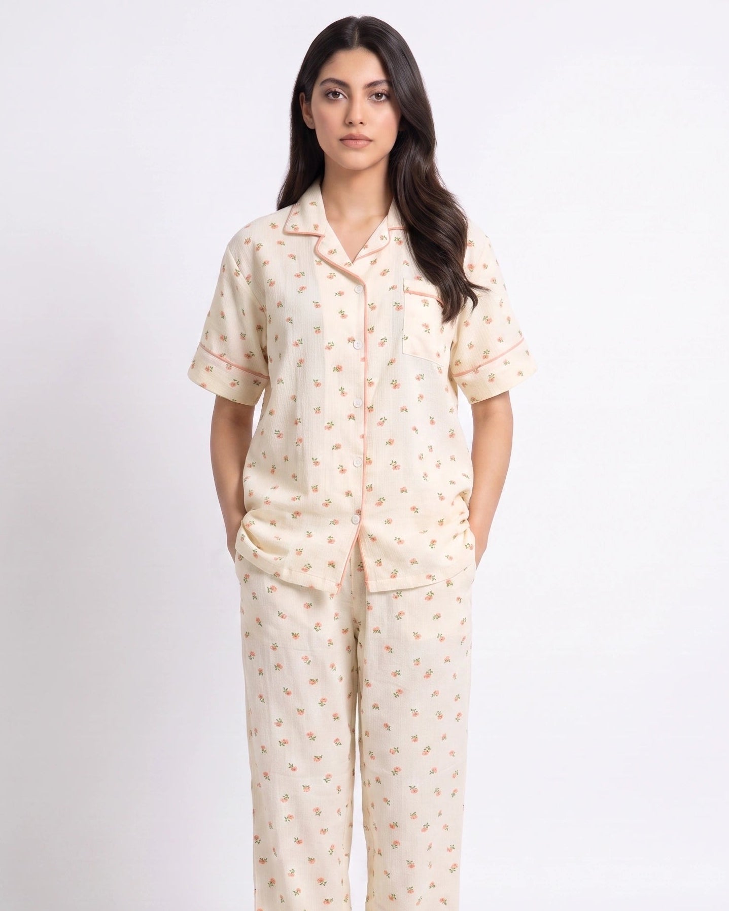 Summer Crinkled Pajama Suit - Flora - Cream