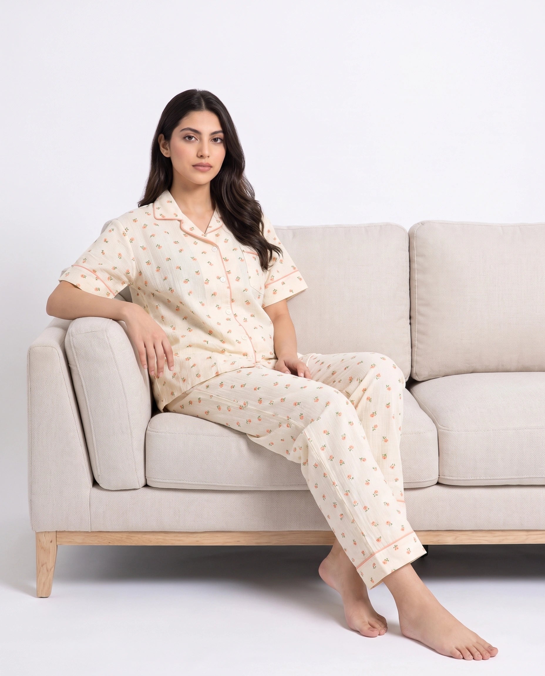 Summer Crinkled Pajama Suit - Flora - Cream