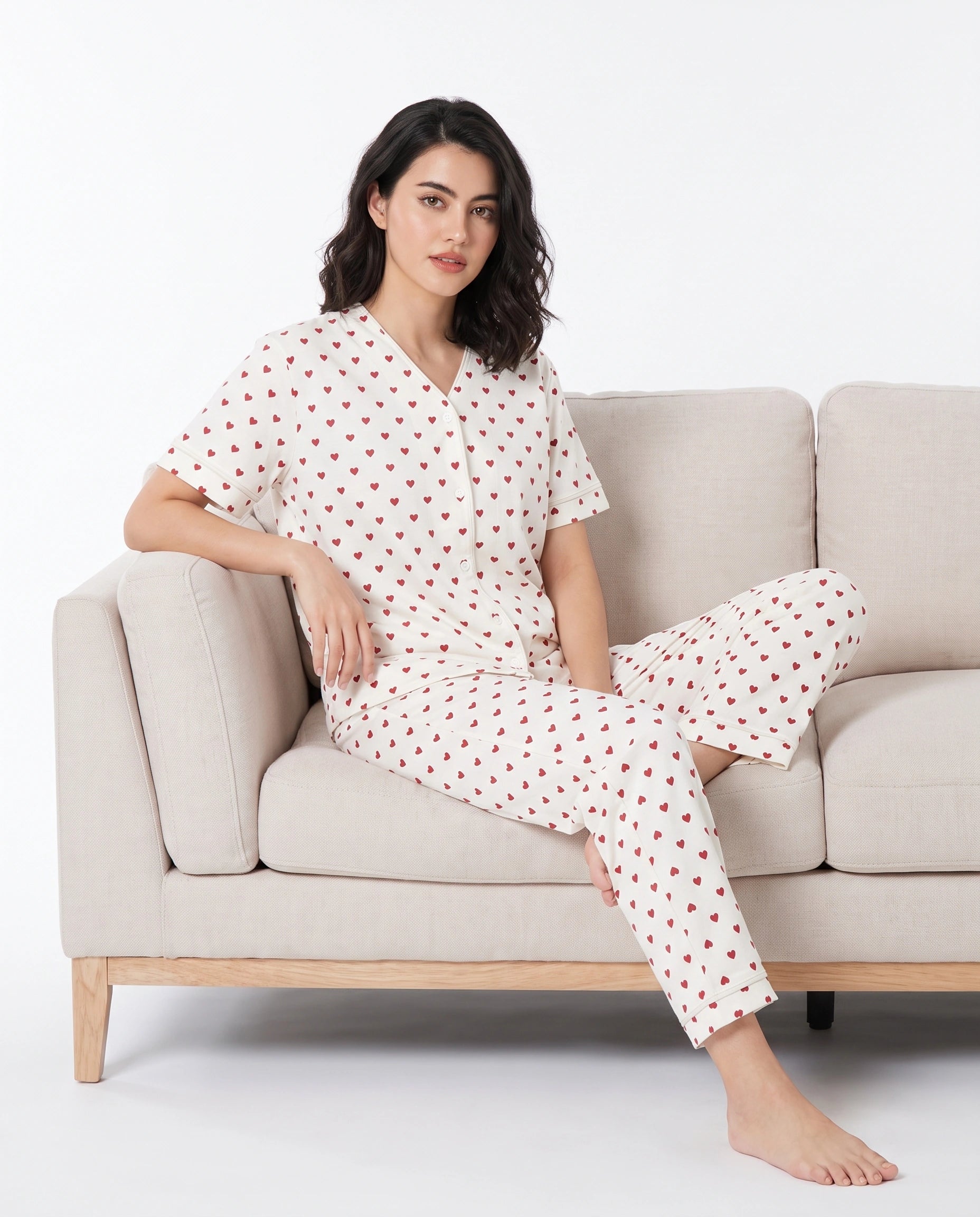 Cotton PJ Set - Heart Bliss - White