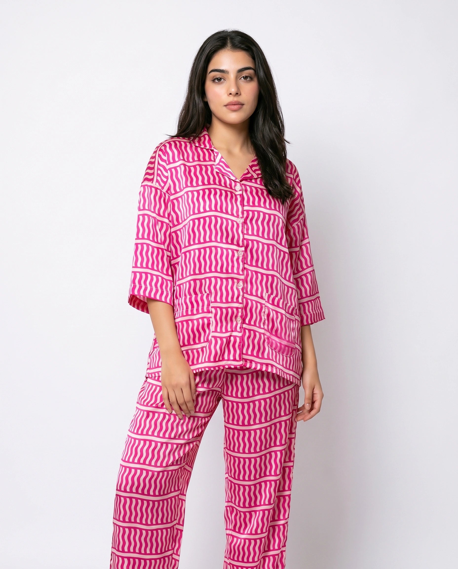 Drop Shoulder Silk Pajama Suit - Pink Wave