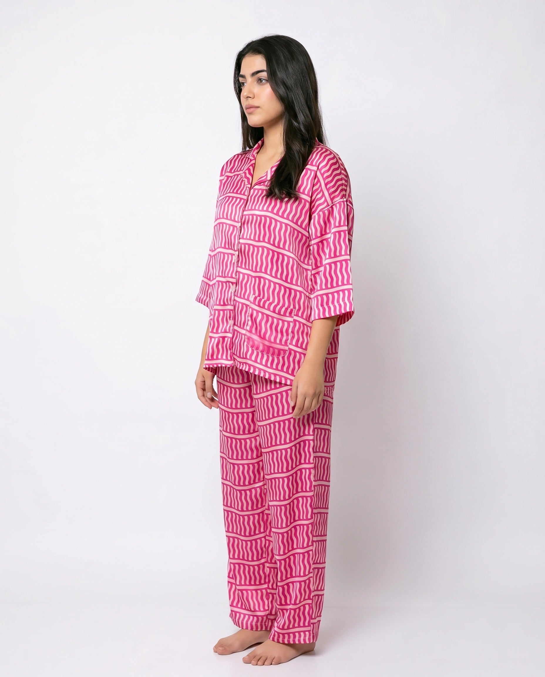 Drop Shoulder Silk Pajama Suit - Pink Wave