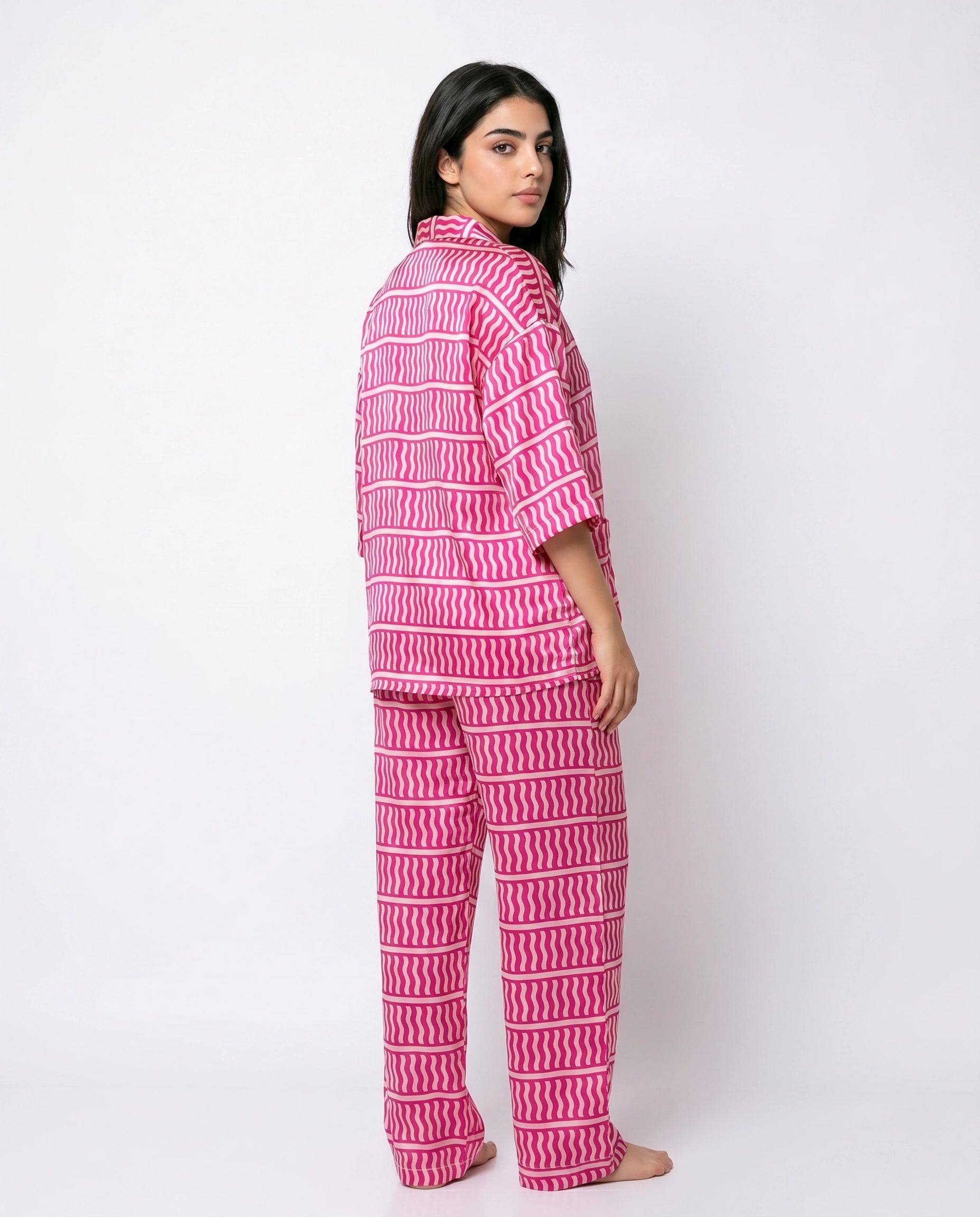 Drop Shoulder Silk Pajama Suit - Pink Wave