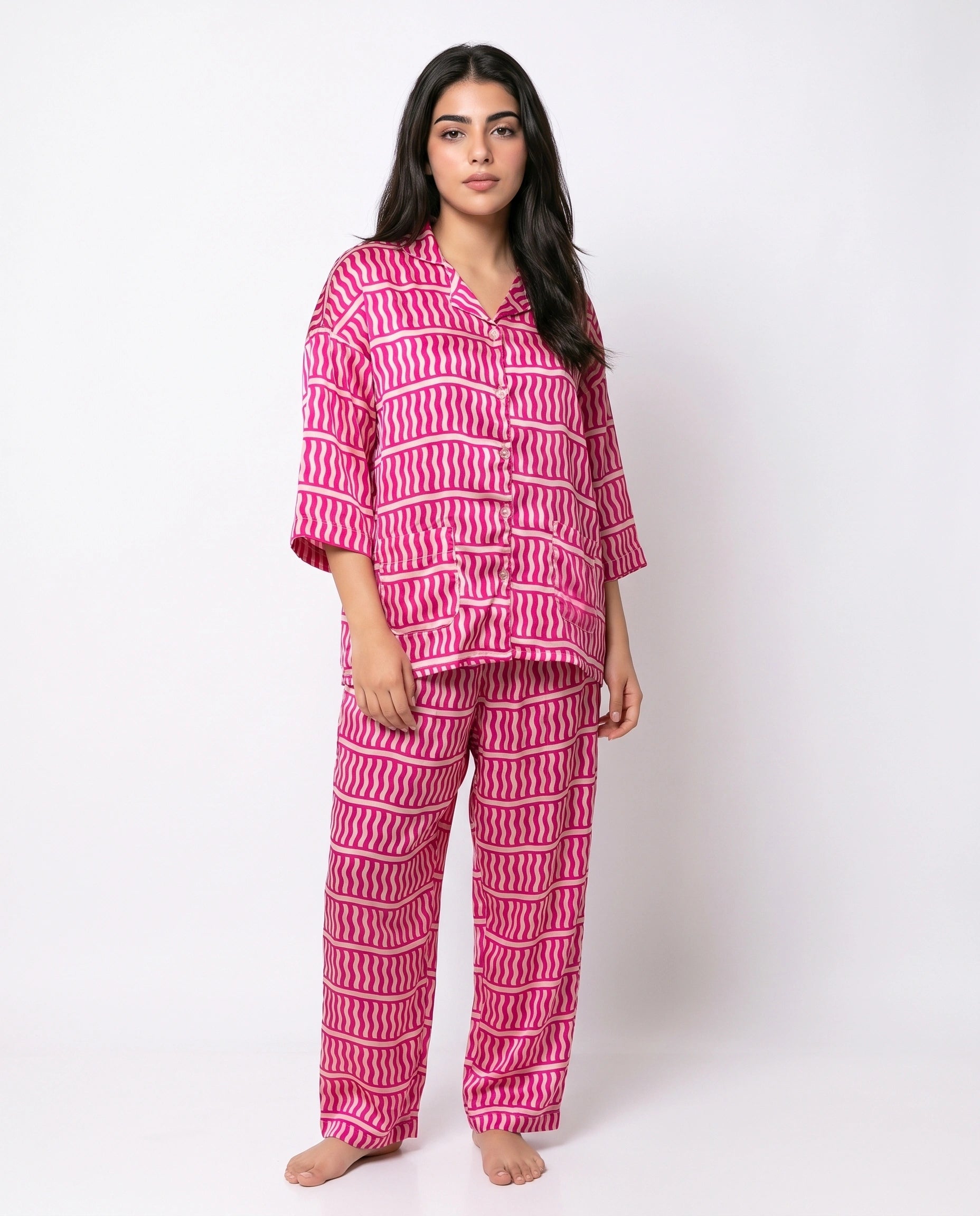 Drop Shoulder Silk Pajama Suit - Pink Wave