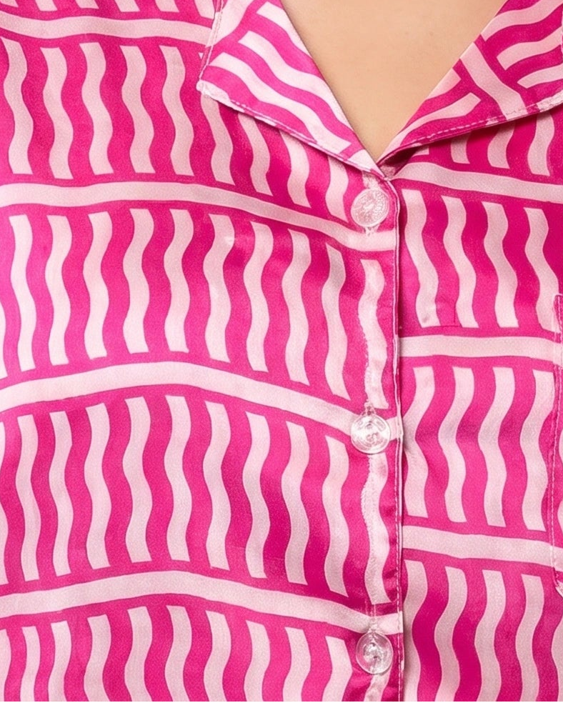 Drop Shoulder Silk Pajama Suit - Pink Wave