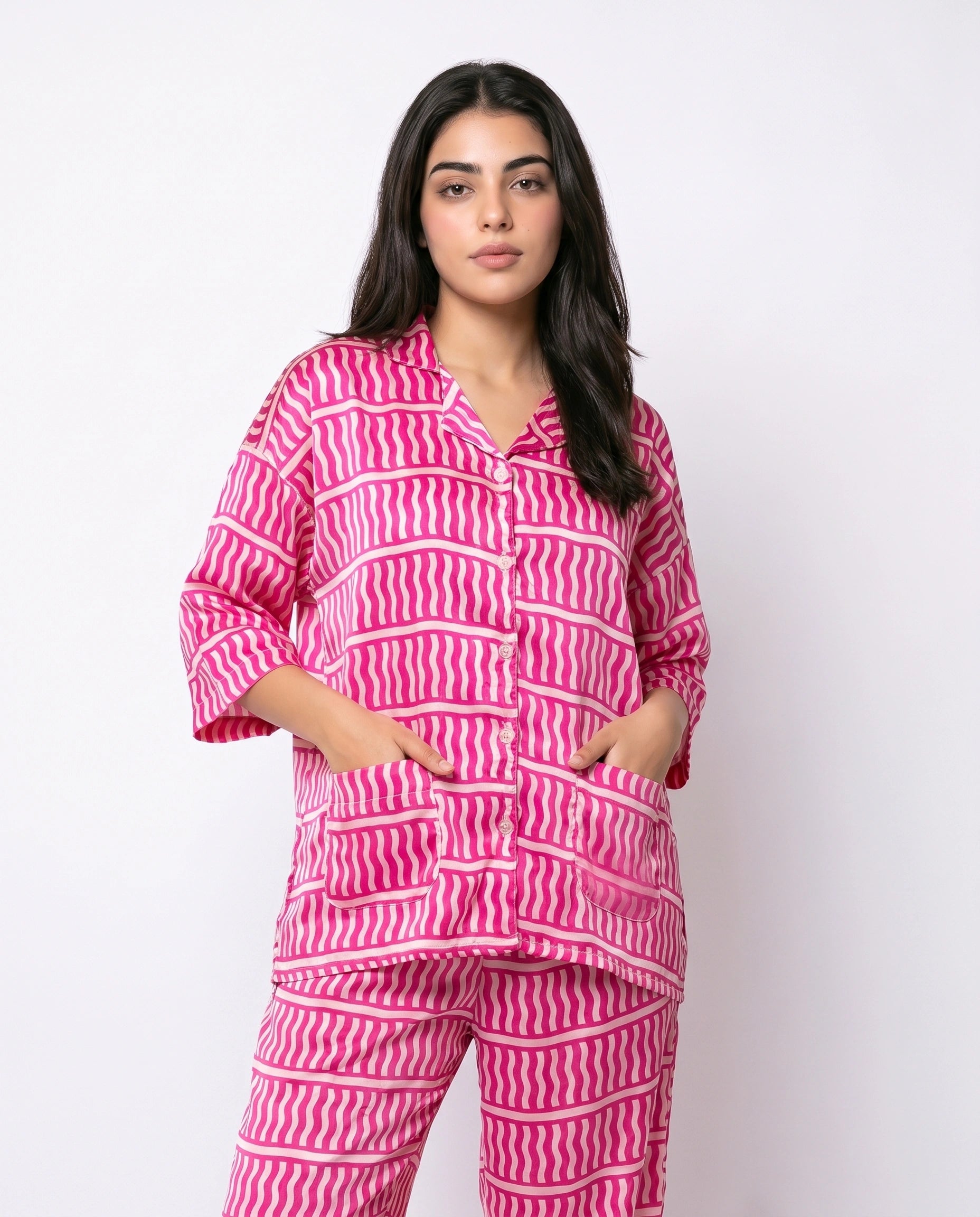 Drop Shoulder Silk Pajama Suit - Pink Wave