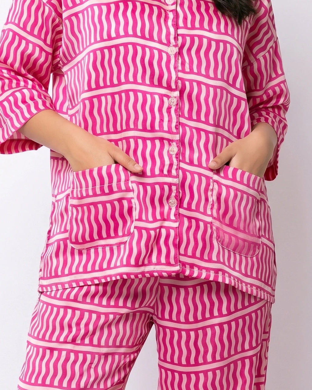 Drop Shoulder Silk Pajama Suit - Pink Wave