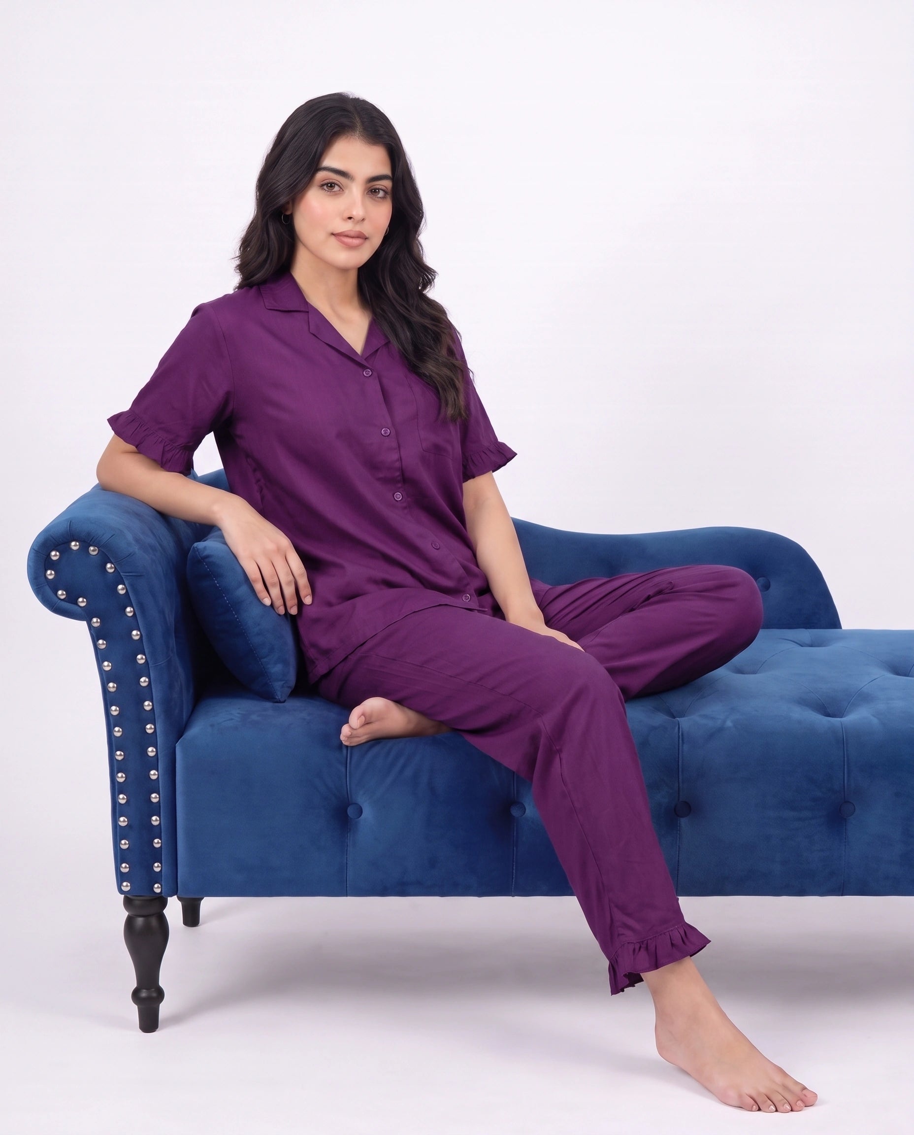 Half Sleeves PJ Set - Linen Comfort - Purple
