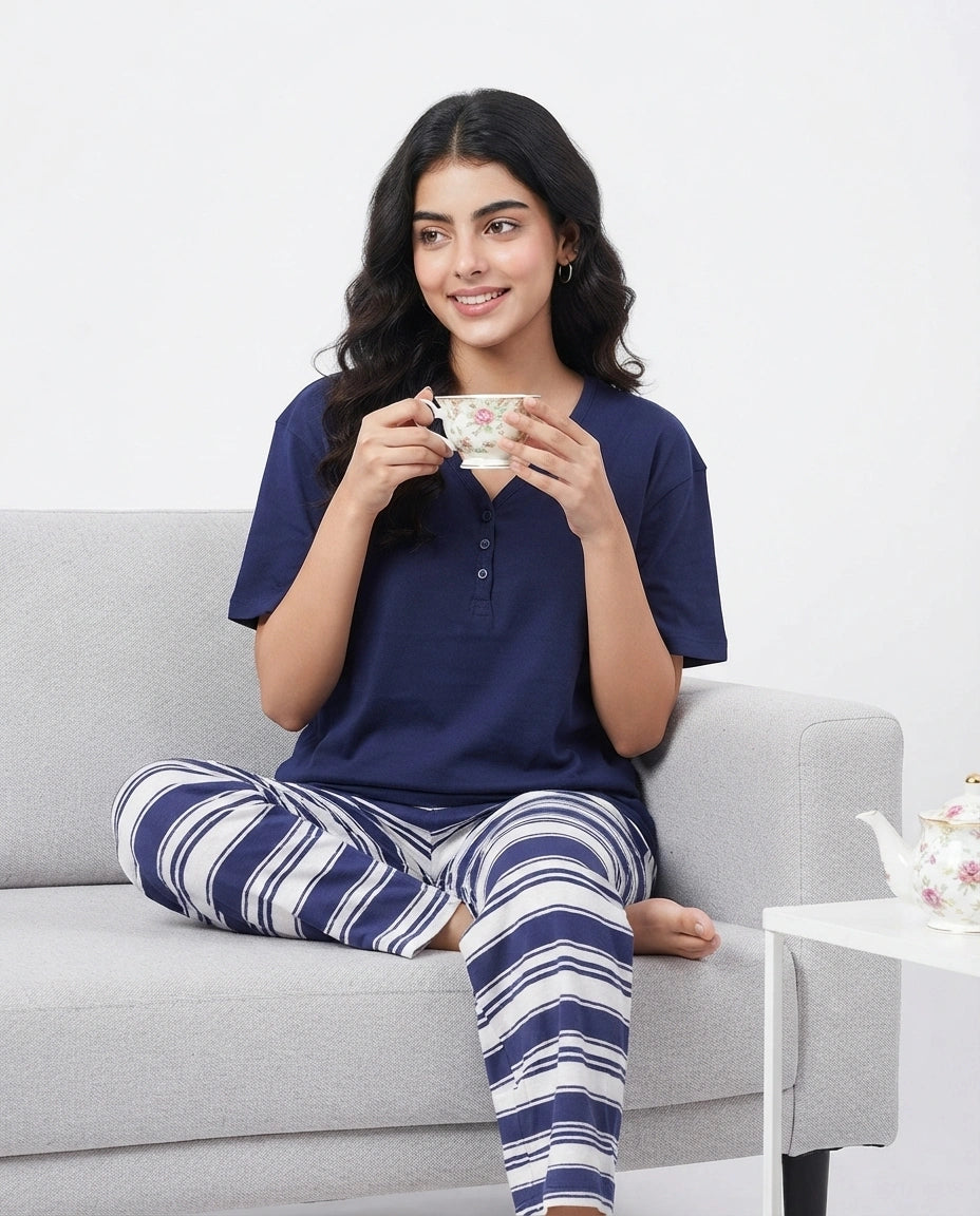 Cotton PJ Set - Navy Stripe