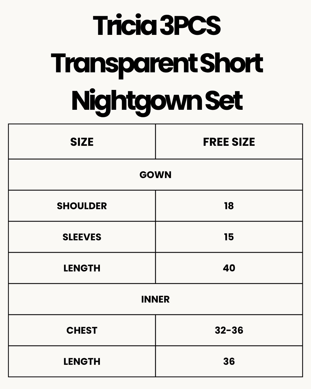 Size Chart for Tricia 3PCS Transparent Short Nightgown Set