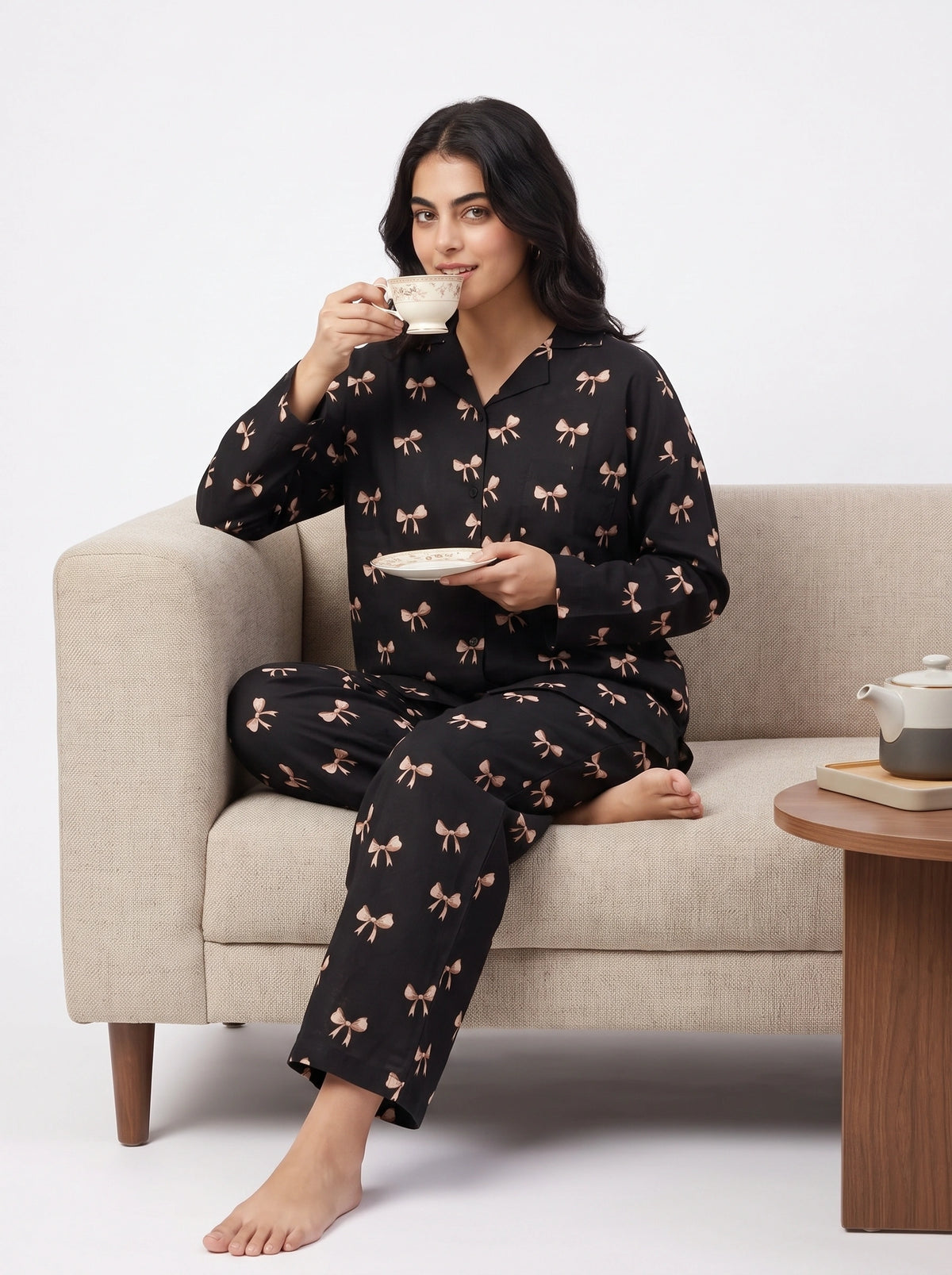 Linen Oversized PJ Set - Midnight Bow