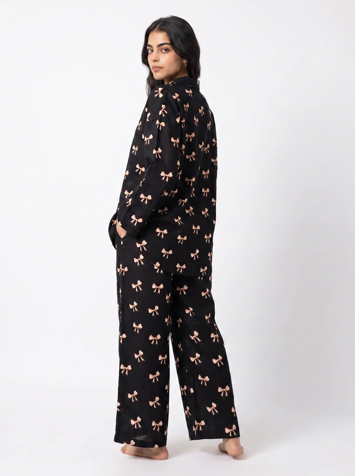 Linen Oversized PJ Set - Midnight Bow