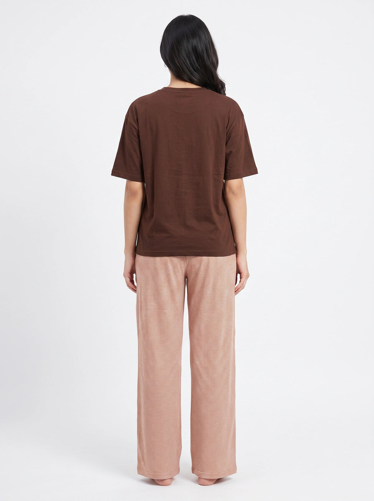 Drop Shoulder Cotton PJ Set - Mocha Stripe