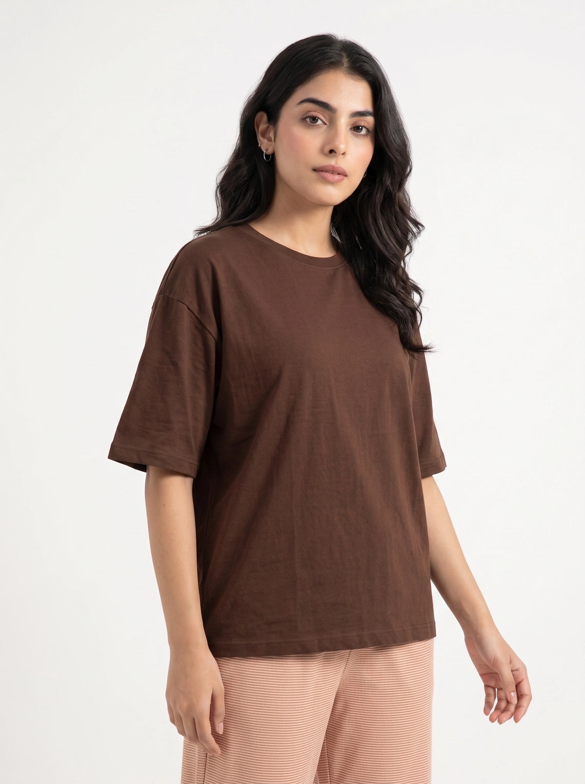Drop Shoulder Cotton PJ Set - Mocha Stripe