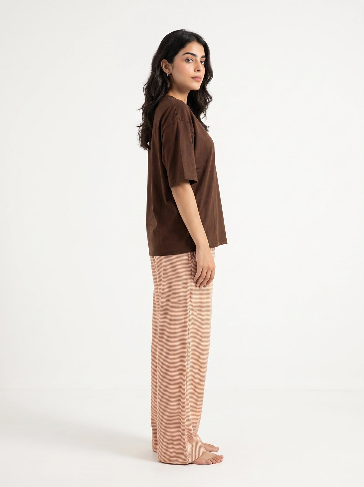 Drop Shoulder Cotton PJ Set - Mocha Stripe